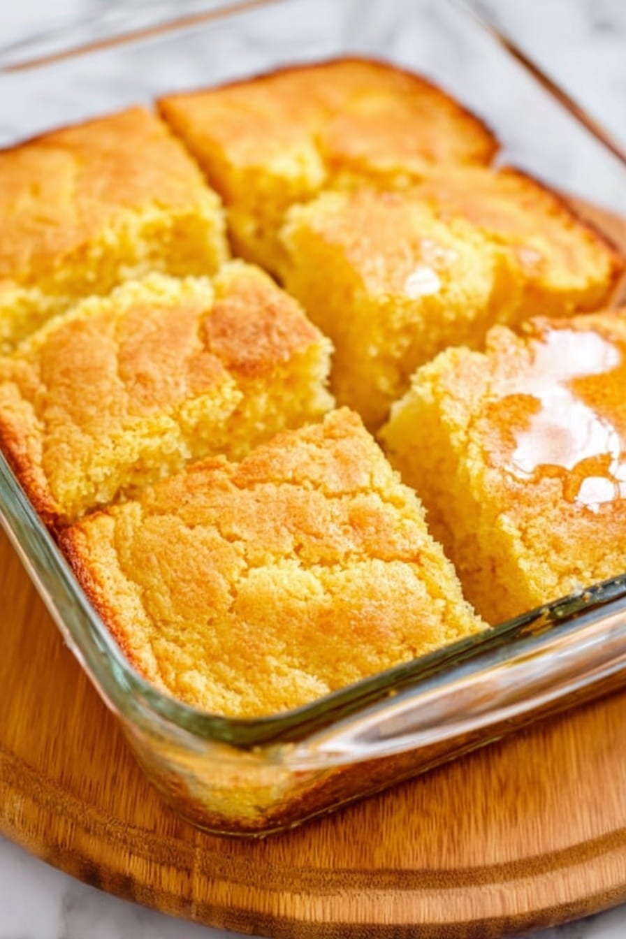 A thick square piece of cornbread with a golden brown crust on top and a soft, light yellow, crumbly inside sits on a stack of plain white plates with a thin blue rim. Small green parsley bits are sprinkled on the crust. The background shows blurry green leaves for decoration and a white marbled surface underneath. The cornbread piece looks moist and fluffy, with a slightly textured top. Photo taken with an iphone --ar 2:3 --v 7 - Garlic Butter Swim Biscuits, garlic butter biscuits, buttery garlic biscuits, easy garlic biscuits, swimming in garlic butter biscuits