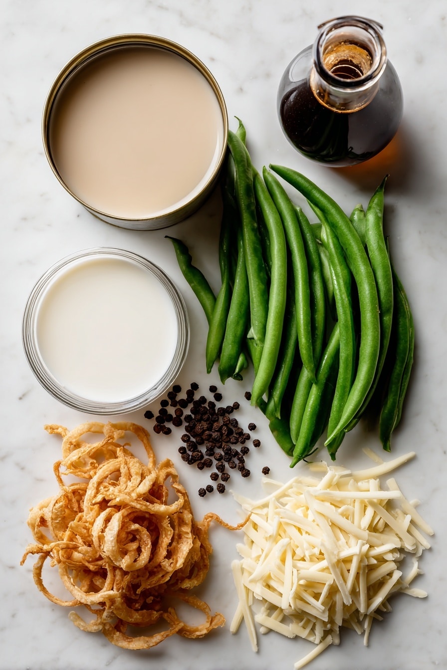 Flat lay of fresh green beans with their bright green pods intact, a smooth and creamy can of condensed mushroom soup with a soft beige color, a small glass of white milk reflecting light, a handful of golden crispy fried onions with delicate, crunchy textures, dark brown whole soy sauce bottle with rich, glossy surface, a cluster of black peppercorns showing their rough, matte texture, and a small pile of pale yellow shredded cheddar cheese with fine, thin strands, all naturally arranged with some scattered crispy onions and green beans overlapping gently, placed on white marbled surface, photo taken with an iphone --ar 2:3 --v 7 - Green Bean Casserole, green bean casserole recipe, holiday side dishes, easy green bean casserole, creamy green bean casserole