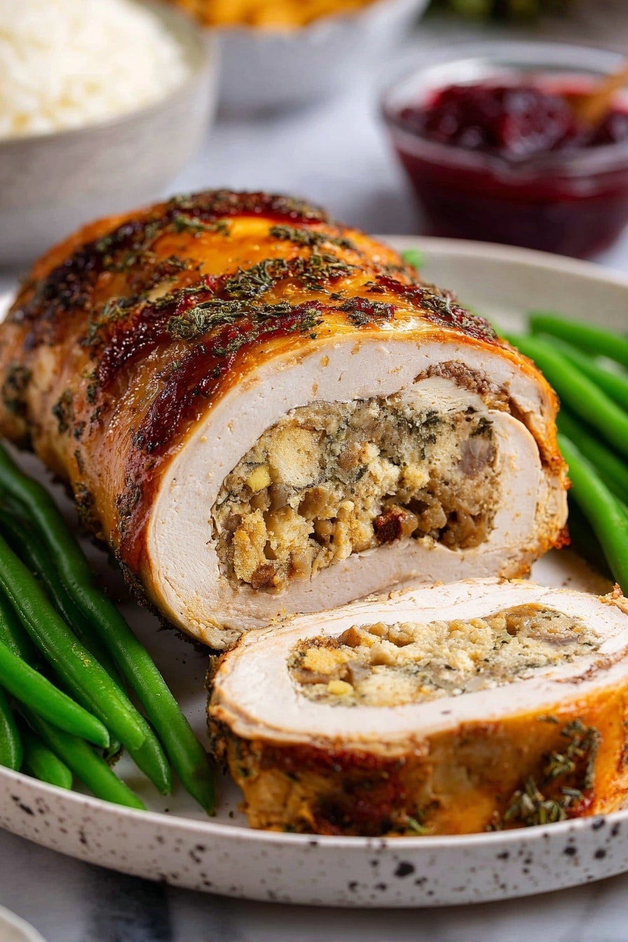 A close-up view of a cooked rolled meat dish sliced neatly on a white plate with green beans and orange carrot sticks on the side. The dish shows three layers: the outer layer is golden brown with a crispy texture, the middle layer is thick and smooth, light beige in color, and the inner layer features a seasoned stuffing with a coarse, mixed texture in a light brown shade. The slices reveal the stuffed center clearly, with the whole roll resting on a white marbled surface. photo taken with an iphone --ar 2:3 --v 7 - Vegan Seitan Turkey Roast with Stuffing and Roasting Broth, vegan plant-based turkey roast, holiday vegan main dish, vegan Thanksgiving centerpiece, plant-based holiday roast