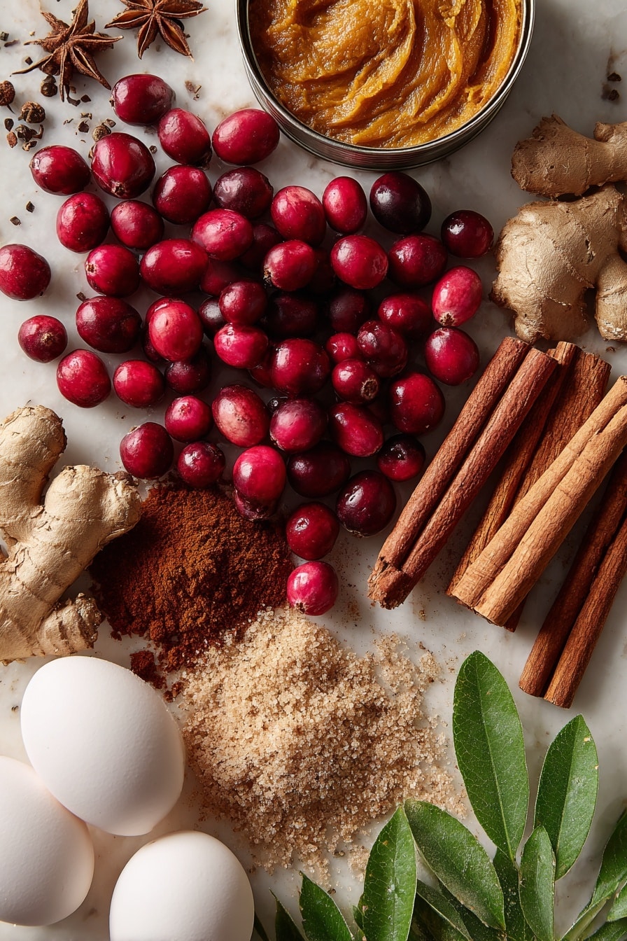 Flat lay of plump fresh cranberries with their vibrant deep red color and glossy texture, a smooth can of rich orange pumpkin puree opened to show its creamy inside, golden light and dark brown sugar mounded with coarse crystals visible, whole warm brown cinnamon sticks and scattered ground cinnamon powder with a soft texture, fresh nutmeg whole with its rough brown shell, fresh ginger root showing its knobby pale beige skin, bright white large eggs with a smooth matte surface, and fresh green leaves of pie crust dough rolled thin with delicate veins scored on top, all beautifully arranged in a balanced composition with contrasting colors and natural textures, placed on white marbled surface, photo taken with an iphone --ar 2:3 --v 7 - Great Pumpkin Pie, pumpkin pie recipe, fall dessert ideas, Thanksgiving pumpkin pie, homemade pumpkin pie