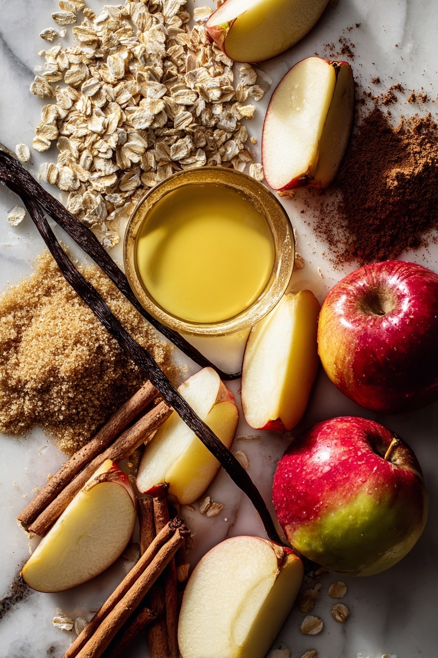 Flat lay of fresh sliced apples with their vibrant red and green skins and crisp white flesh, golden old fashioned oats scattered nearby with their rough texture, rich brown sugar heaps displaying deep caramel color, smooth light brown cinnamon sticks and fine cinnamon powder dusted gently, a small pool of melted butter glistening with creamy yellow tones, and a fresh vanilla bean pod showing glossy dark brown hues, arranged naturally with some cinnamon sticks crossing and apple slices fanned out, placed on white marbled surface, photo taken with an iphone --ar 2:3 --v 7 - Apple Crisp, Apple Crisp dessert, Fall dessert recipes, homemade apple crisp, best apple crisp recipe