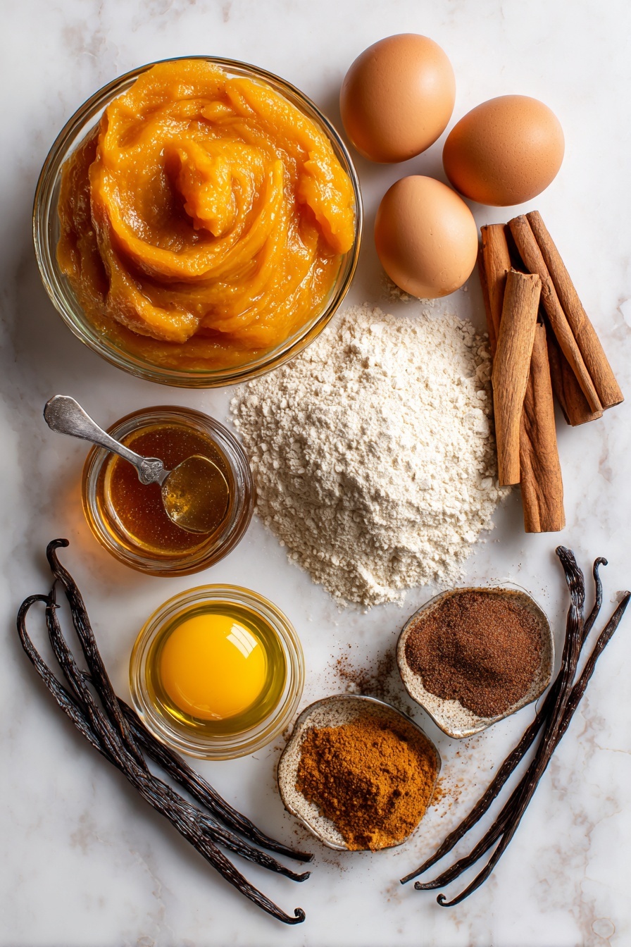 Flat lay of vibrant orange pumpkin puree in a clear bowl, glossy amber-brown browned butter with a smooth texture, shiny golden eggs with smooth shells, warm golden maple syrup in a small glass jar, a neat pile of whole wheat pastry flour with fine texture, cinnamon sticks and bright brown nutmeg pods alongside small piles of ground cinnamon, nutmeg, ginger, and allspice showing their rich earthy tones, and fresh vanilla beans with glossy dark pods scattered lightly, all beautifully arranged in a balanced composition with natural light highlighting their colors and textures, placed on white marbled surface, photo taken with an iphone --ar 2:3 --v 7 - Healthy Pumpkin Bread with Maple Glaze, healthy pumpkin bread, fall pumpkin bread recipe, nutritious pumpkin loaf, cozy spice pumpkin bread