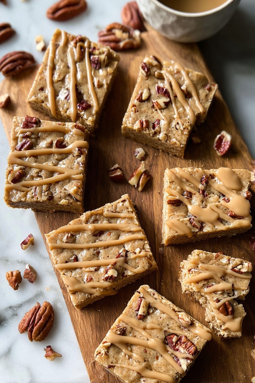The image shows five square nut bars arranged on a wooden board, each bar having a thick, light brown base mixed with pecan pieces. The top has a drizzle of creamy, light tan sauce that flows down the sides and pools slightly on the board. The texture of the bars looks crumbly and dense with visible nut chunks. In the background, a white mug with light brown liquid inside has a drip of the same creamy sauce running down its side. The surface below the wooden board is a white marbled texture. photo taken with an iphone --ar 2:3 --v 7 - Maple Pecan Blondies with Caramel Glaze, Maple Blondies, Pecan Blondie Recipes, Caramel Blondies, Easy Pecan Blondie Dessert