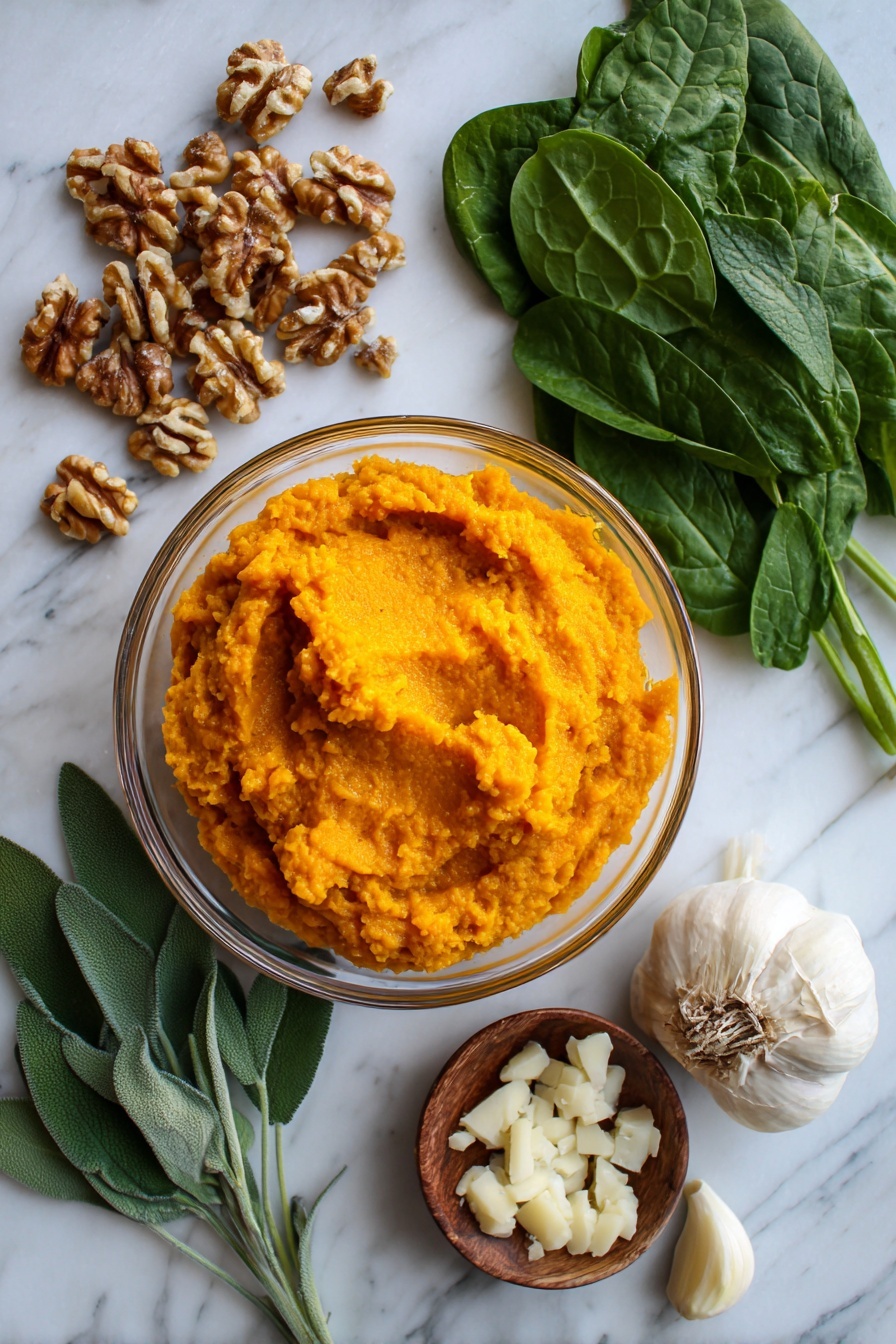 Flat lay of bright orange pumpkin purée in a clear bowl, fresh deep green spinach leaves fanned out, whole fresh sage leaves with velvety texture, a small pile of golden roasted pepitas, rich brown chopped walnuts scattered casually, creamy white grated parmesan cheese with fine texture, cloves of pale minced garlic, placed on white marbled surface, photo taken with an iphone --ar 2:3 --v 7 - The BEST Pumpkin Pasta, pumpkin pasta recipe, creamy pumpkin pasta, fall pasta dishes, cozy pumpkin pasta