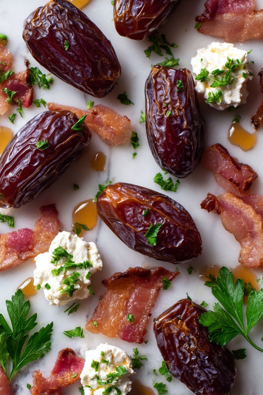Flat lay of plump Medjool dates with glossy dark brown skin, creamy white goat cheese dollops, thin strips of streaky pink and white bacon, shiny amber maple syrup drizzles, and bright green chopped parsley leaves scattered naturally around, all arranged with a mix of soft, smooth, and crispy textures, placed on white marbled surface, photo taken with an iphone --ar 2:3 --v 7 - Bacon-Wrapped Dates with Goat Cheese and Maple Syrup, easy appetizer recipes, festive holiday appetizers, savory sweet appetizer ideas, crowd-pleasing party snacks
