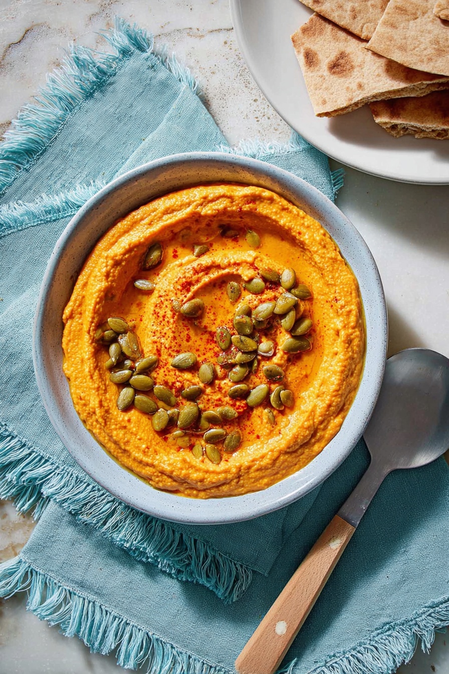 A thick and creamy layer of bright orange hummus is spread in a swirl on a white plate, giving it a textured look with smooth, curved ridges. Scattered unevenly across the surface are shiny, green pumpkin seeds, adding a crunchy detail. The right edge of the hummus pool is topped with two triangular pieces of pita bread resting on top, slightly overlapping each other and showing a golden-brown toasted color. The plate sits on a white marbled surface with parts of a blue cloth visible underneath the bottom edge, enhancing the warm tones of the dish. photo taken with an iphone --ar 2:3 --v 7 - Pumpkin Hummus with Roasted Pumpkin Seeds, pumpkin hummus, healthy pumpkin dip, easy pumpkin appetizer, vegan pumpkin snacks