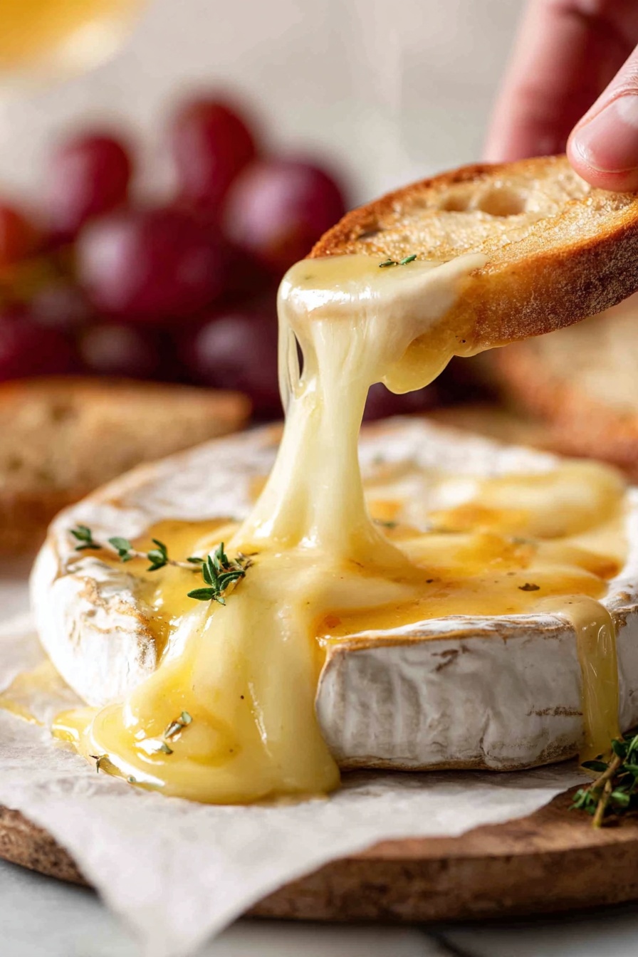 A white round wheel of soft cheese with a cut on the top showing creamy pale yellow melted cheese oozing out, topped with golden honey and a small green thyme sprig, placed on white parchment paper. Next to the cheese is a small bunch of red grapes with a shiny smooth surface. Around the cheese and grapes, there are several slices of light golden toasted bread with a crunchy texture. The whole setup is on a white marbled surface. Photo taken with an iphone --ar 2:3 --v 7 - Baked Brie with Honey and Thyme, cheesy baked Brie, honey thyme cheese appetizer, easy Brie cheese recipes, elegant cheese appetizer