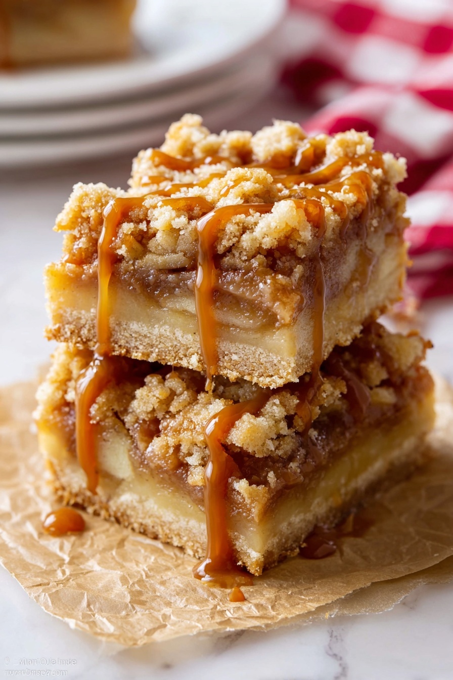 Two stacked dessert bars sit on crinkled brown parchment paper, placed on a white marbled surface. Each bar has three clear layers: the bottom layer is a solid light tan crust, the middle layer is a soft apple filling with visible thin slices, and the top layer is a crumbly, golden-brown streusel with small chunks and a rough texture. Rich caramel sauce is drizzled thickly over the top layer, slowly dripping down the sides and pooling slightly on the parchment below. The background is softly blurred, showing parts of a white plate and a red and white checkered cloth. photo taken with an iphone --ar 2:3 --v 7 - Salted Caramel Apple Pie Bars, apple pie bar recipes, caramel apple dessert, easy apple dessert bars, salted caramel baked goods