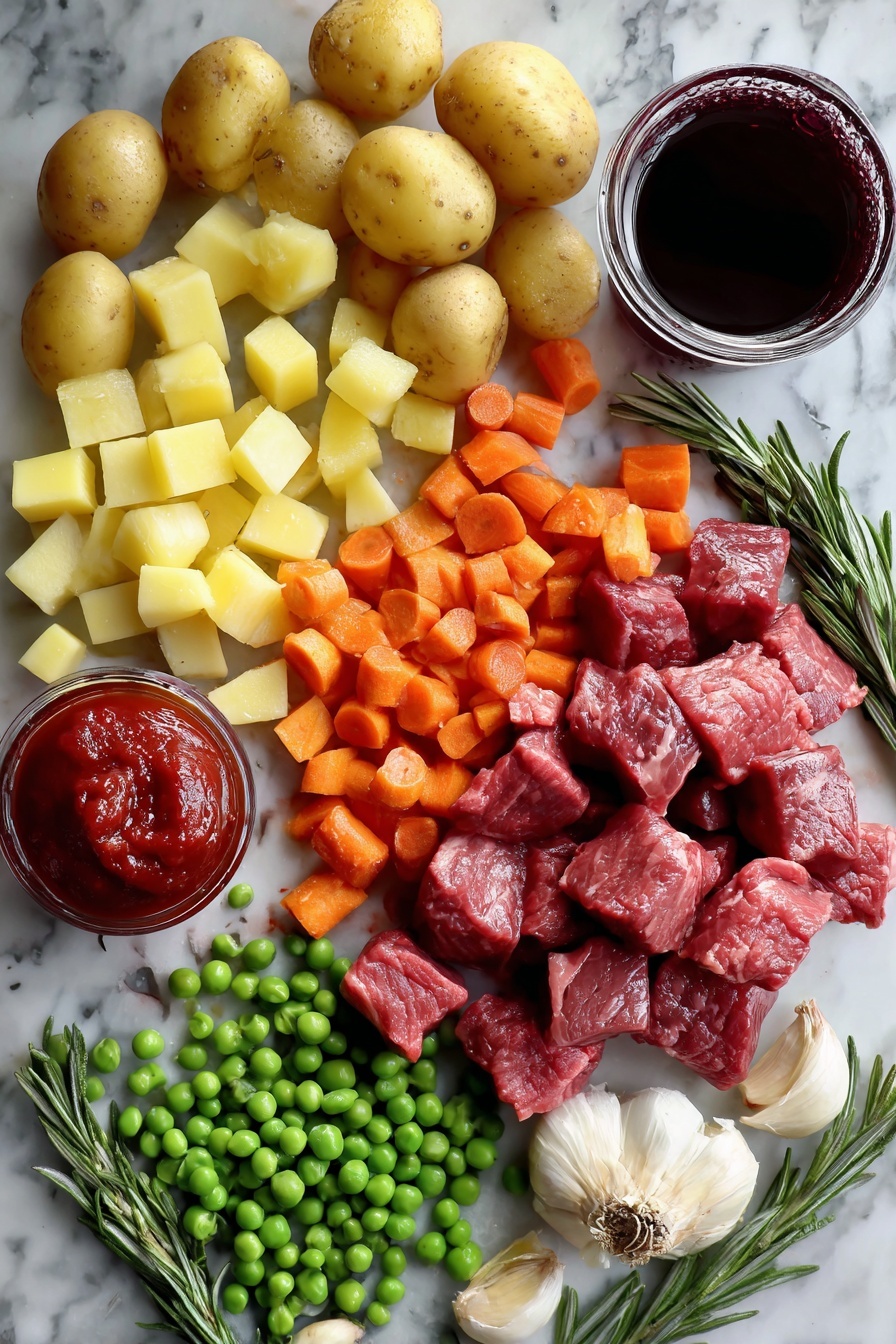 Flat lay of raw beef stew meat cubes, bright orange carrot chunks, halved baby Yukon gold potatoes, diced yellow onions, peeled garlic cloves, fresh rosemary sprig, glossy tomato paste dollop, deep red cabernet sauvignon wine poured in a small spill, vibrant green frozen peas scattered artfully, placed on a white marble surface, photo taken with an iphone --ar 2:3 --v 7 - Slow Cooker Beef Stew, hearty beef stew, easy beef stew recipe, comforting slow cooker meal, tender beef and veggie stew