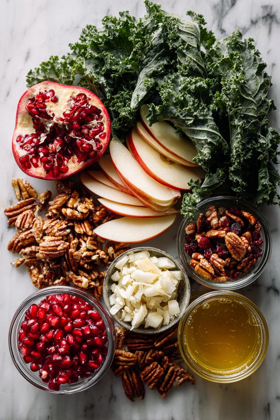 Flat lay of a large bunch of fresh kale leaves, thinly sliced apple slices with red skin, small chopped dried figs, bright red pomegranate arils, toasted pecans with a golden sheen, crumbled white goat cheese, a small pile of chopped shallots, and a small glass jar filled with golden balsamic vinaigrette, all beautifully arranged with balanced spacing and natural light, placed on a white marble surface, photo taken with an iphone --ar 2:3 --v 7 - Fall Harvest Kale Salad with Apple, Figs, Pomegranate, and Toasted Pecans, seasonal kale salad with apple and fig, autumn fruit and nut salad, healthy fall kale salad, easy autumn salad recipes