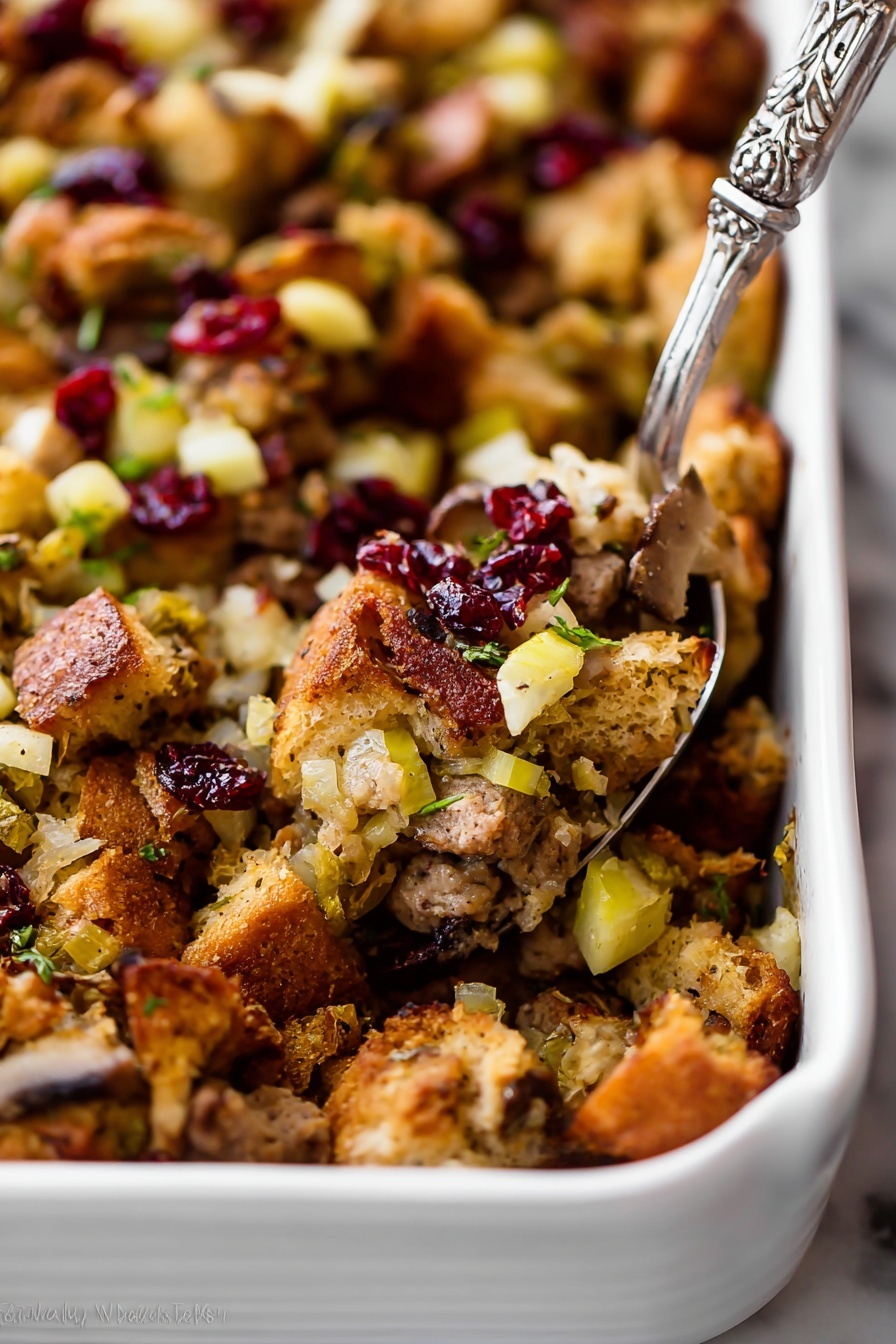 Sausage and Herb Stuffing with Apples and Cranberries Recipe - Serving