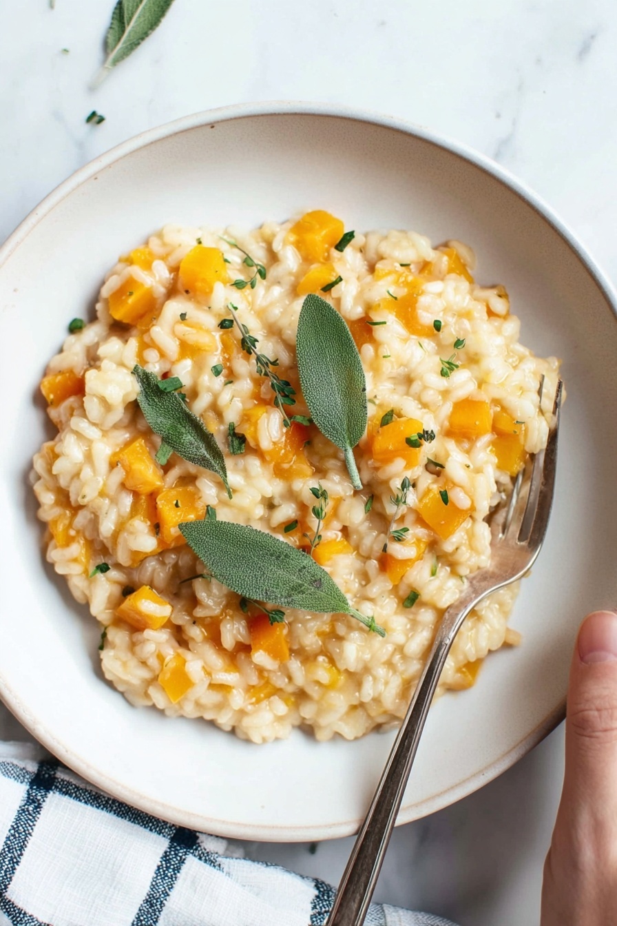 A shallow white plate holds a creamy risotto with visible small orange cubes mixed throughout, likely squash, and sprinkled with finely chopped green herbs. Three whole sage leaves are placed on top, adding a fresh touch. A silver fork rests gently on the side of the risotto, with a woman's hand lightly holding it. The background and surface are a clean white marbled texture, with a white and blue checkered cloth partly visible at the edge. photo taken with an iphone --ar 2:3 --v 7 - Butternut Squash Risotto, easy butternut squash risotto, comforting vegetarian dinner, fall-inspired risotto recipe, creamy butternut squash rice