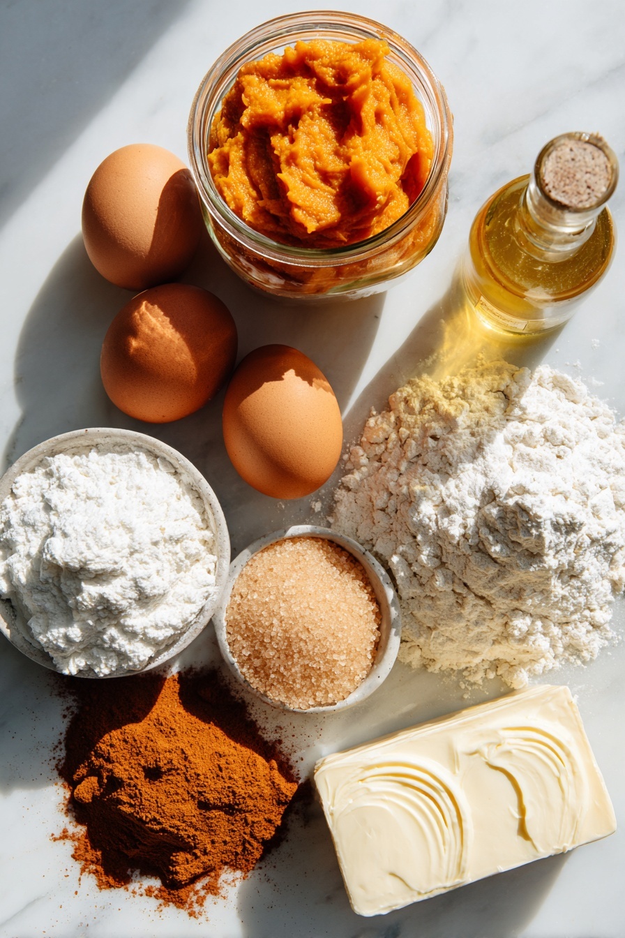 Flat lay of bright orange pumpkin puree in a small glass jar, a mound of soft light brown sugar crystals, golden vegetable oil in a clear bottle, two fresh brown eggs, a heap of pale all-purpose flour, a small pile of warm brown ground cinnamon and ginger powders, smooth white cream cheese block, a swirl of creamy butter, and a dusting of fine white confectioners’ sugar, beautifully arranged with natural light and soft shadows, placed on a white marble surface, photo taken with an iphone --ar 2:3 --v 7 - Pumpkin Whoopie Pies, Pumpkin Whoopie Pies Recipe, Fall Pumpkin Cookies, Pumpkin Dessert Ideas, Easy Pumpkin Treats