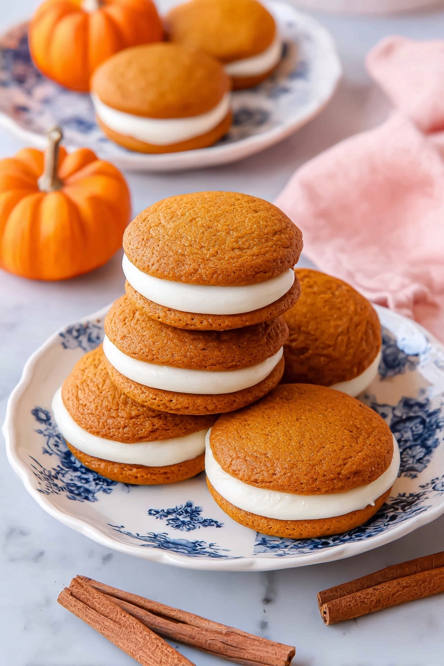 The image shows a stack of five round, soft pumpkin sandwich cookies on a white plate with blue floral patterns. Each cookie has two orange-brown spongy layers, with a thick, smooth white cream filling in between. In the background, there is one more cookie on a smaller white plate with the same blue floral design, and two small orange pumpkins. A pink cloth is casually placed near the plate, and two cinnamon sticks lie on the white marbled surface in front. The overall colors are warm and inviting, emphasizing the autumn theme. Photo taken with an iphone --ar 2:3 --v 7 - Pumpkin Whoopie Pies, Pumpkin Whoopie Pies Recipe, Fall Pumpkin Cookies, Pumpkin Dessert Ideas, Easy Pumpkin Treats