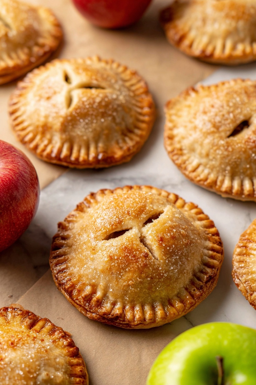 The image shows a stack of three golden-brown hand pies with crimped edges, each pie topped with coarse sugar crystals that add a sparkly texture. Their crusts have a slightly flaky and browned finish, and the top pie has a small round vent hole in the center. Surrounding the pies are whole apples in red and green colors, placed on a white marbled surface with scattered sugar crystals and more hand pies blurred in the background. The overall feeling is warm and inviting with focus on the textures of the baked pies and fresh apples photo taken with an iphone --ar 2:3 --v 7 - Apple Hand Pies, apple hand pies recipe, homemade apple hand pies, easy apple hand pies, handheld apple pies