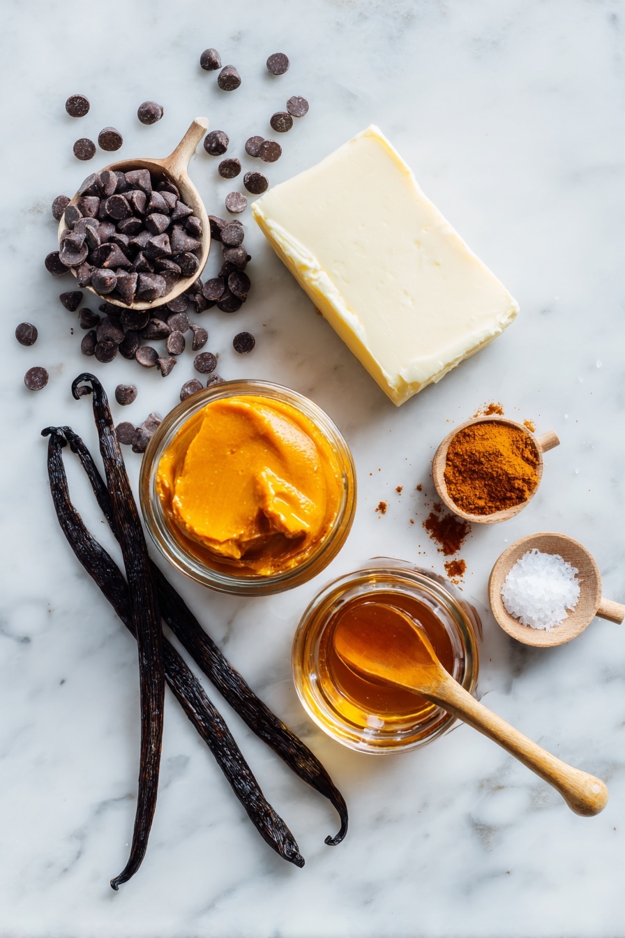 Flat lay of smooth cream cheese block, rich pumpkin puree in a small glass jar, glossy dark chocolate chips scattered artfully, warm cinnamon and other pumpkin pie spices in tiny wooden spoons, vibrant amber maple syrup in a clear bottle, a few flakes of sea salt glistening, and a whole vanilla bean pod gently curved, all beautifully arranged on a white marble surface, photo taken with an iphone --ar 2:3 --v 7 - Pumpkin Cream Cheese Swirled Brownies, pumpkin brownies with cream cheese swirl, decadent fall brownies, chocolate pumpkin dessert, easy pumpkin brownie recipe