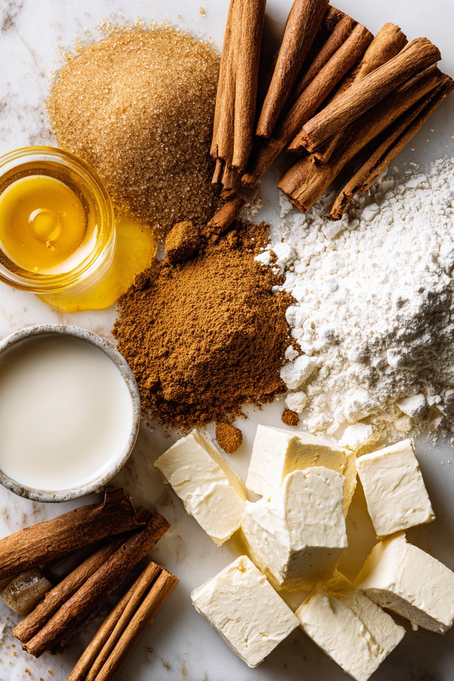 Flat lay of dark brown sugar piled next to a heap of ground cinnamon sticks, golden melted butter pooled softly, a small splash of creamy milk, smooth white powdered sugar dusted lightly, a few cubes of cream cheese, and a scattering of all-purpose flour, all beautifully arranged with warm golden hues and soft shadows, placed on a white marble surface, photo taken with an iphone --ar 2:3 --v 7 - Cinnamon Rolls, Easy Cinnamon Rolls, Soft Cinnamon Rolls, Homemade Cinnamon Rolls, Best Cinnamon Roll Recipe