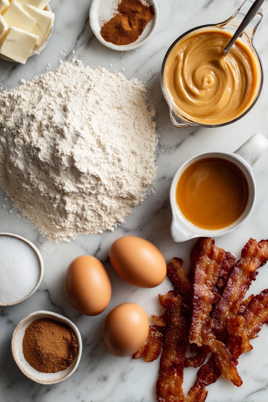 Flat lay of a mound of all-purpose flour dusted with a light sprinkle of ground nutmeg and cinnamon nearby, two large brown eggs resting close to a small pool of melted golden butter, a measuring cup filled with creamy half & half, a neat pile of granulated sugar, a small bowl of smooth maple glaze with a drizzle of vanilla essence visible, and crispy, chopped smoky bacon strips scattered artfully, placed on a white marble surface, photo taken with an iphone --ar 2:3 --v 7 - Maple Donuts with Bacon Garnish, homemade maple bacon donuts, sweet and savory donuts, bacon-topped breakfast donuts, easy gourmet donut recipe