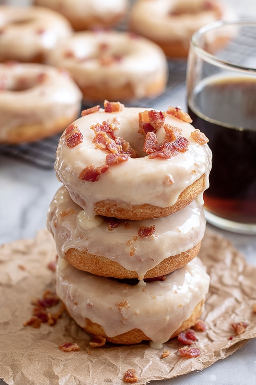 A stack of four round donuts is shown, each donut coated with a shiny light beige glaze. The top donut has small crispy bacon bits scattered on the glaze, some bits also falling onto the ones below. The donuts have a soft, golden-brown texture visible under the glaze. The stack sits on crumpled brown parchment paper with a white marbled background. In the blurry background, more donuts are on a cooling rack. To the right of the stack, a clear glass cup of dark coffee stands, partially in view. Photo taken with an iphone --ar 2:3 --v 7 - Maple Donuts with Bacon Garnish, homemade maple bacon donuts, sweet and savory donuts, bacon-topped breakfast donuts, easy gourmet donut recipe
