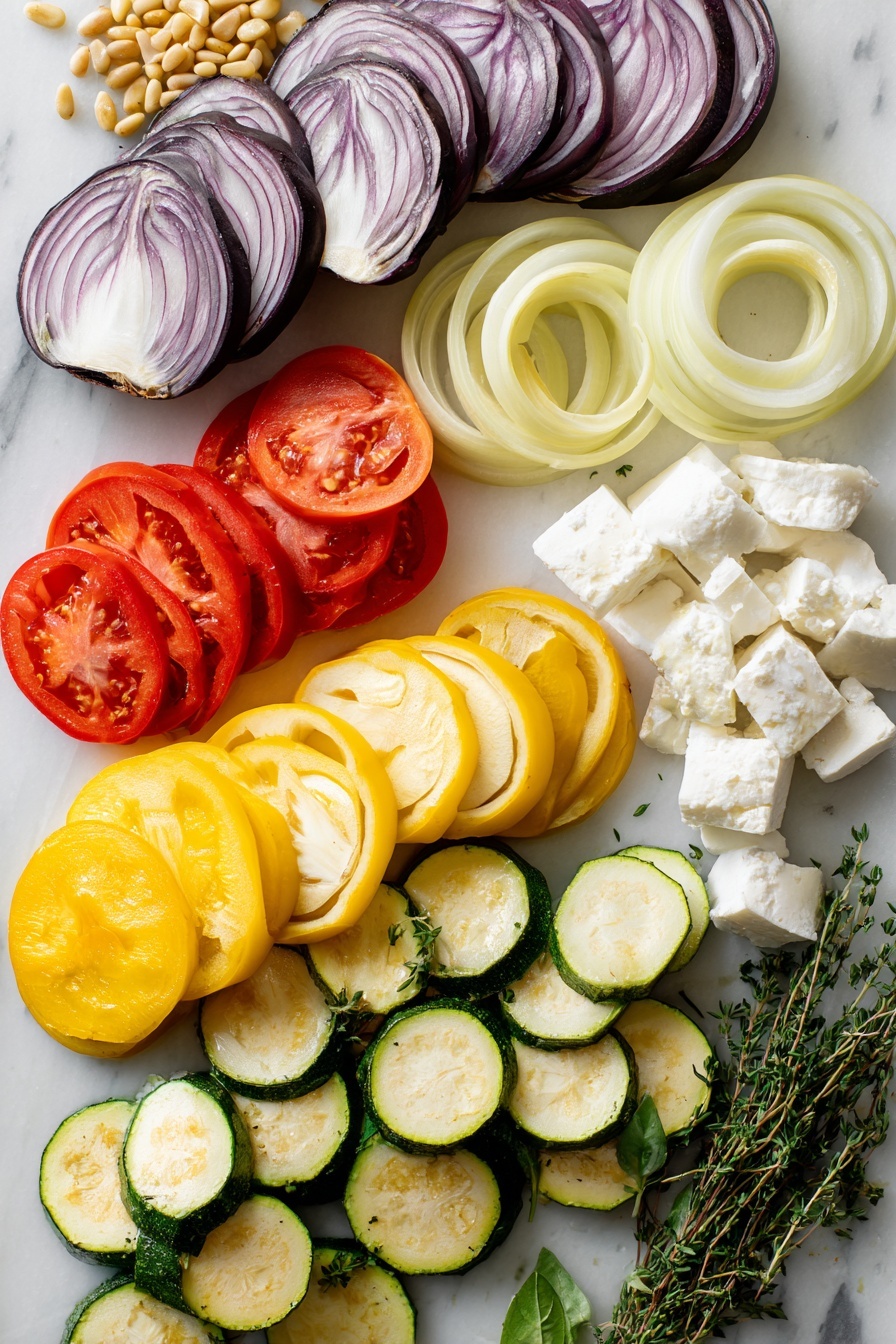 Flat lay of fresh globe eggplant slices, vibrant zucchini and yellow squash rounds, colorful red and yellow bell pepper slices, juicy Roma tomato slices, thinly sliced yellow onion rings, bright green fresh thyme sprigs, creamy white goat cheese chunks, golden toasted pine nuts, and fresh green basil leaves beautifully arranged in a balanced composition, placed on a white marble surface, photo taken with an iphone --ar 2:3 --v 7 - Creamy Goat Cheese Polenta with Roasted Ratatouille, goat cheese polenta, roasted ratatouille, vegetarian comfort food, easy Italian side dish