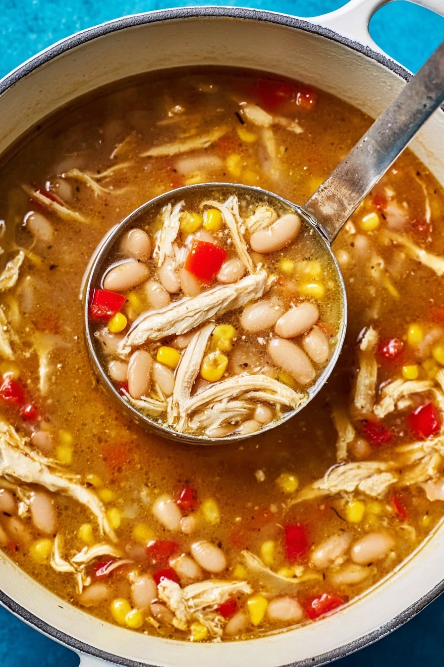 The image shows a white pot filled with a thick soup made of shredded white chicken, white beans, yellow corn kernels, and small red bell pepper pieces. The soup broth is brown and slightly shiny, looking warm and rich. A metal ladle is scooping a portion of the soup, lifting it just over the surface, showing a dense mix of chicken, beans, corn, and red peppers. The pot sits on a bright blue surface, contrasting with the white pot and the colorful soup inside. Photo taken with an iphone --ar 2:3 --v 7 - White Bean Chicken Chili, hearty chicken chili with white beans, easy chicken and white bean chili recipe, comforting chicken chili meal, quick chicken chili dinner
