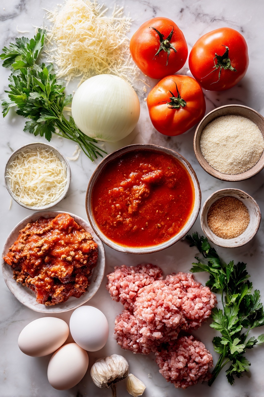 Flat lay of whole stewed tomatoes with rich red juices, bright red tomato sauce in a small pool, halved large white onions showing their layered texture, fresh green flat-leaf parsley sprigs scattered around, cloves of peeled garlic, freshly grated Parmesan cheese in a small pile, raw ground beef and ground pork portions with a pinkish-red color, smooth brown Italian-style breadcrumbs, and three large fresh eggs, all beautifully arranged on a white marble surface, photo taken with an iphone --ar 2:3 --v 7 - Spaghetti with Homemade Meatballs in Rich Tomato Sauce, homemade Italian pasta and meatballs, classic Italian spaghetti recipe, hearty tomato sauce with meatballs, family-friendly Italian dishes