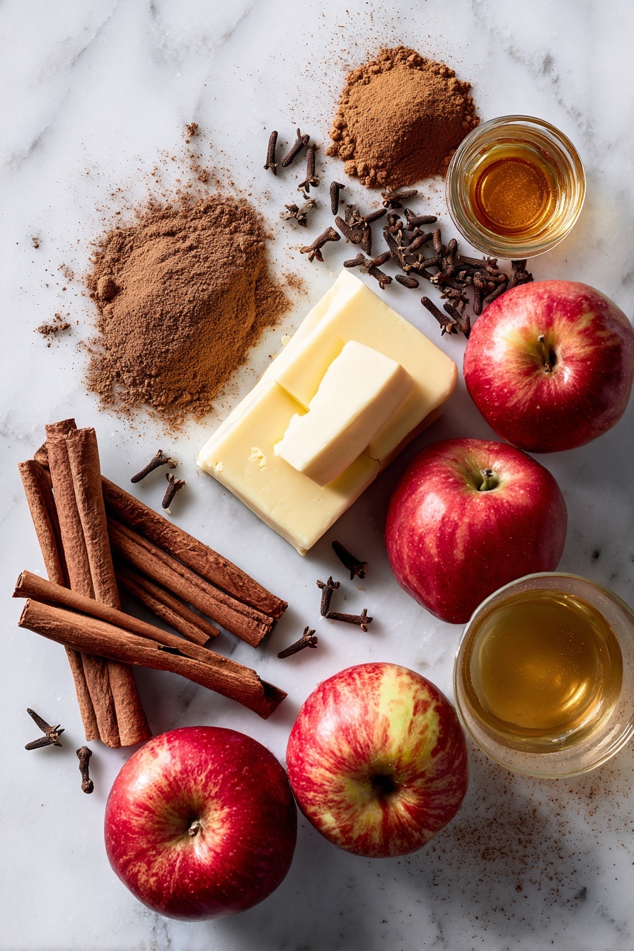 Flat lay of fresh whole cinnamon sticks, a small pile of ground cinnamon and nutmeg powders, dark brown sugar crystals, smooth unsalted butter slabs, a few bright red apples, a glass of golden apple cider, and a scattering of whole cloves, all beautifully arranged on a white marble surface, photo taken with an iphone --ar 2:3 --v 7 - Apple Cider Bundt Cake, fall dessert recipes, spiced apple cake, cozy autumn treats, easy bundt cake recipes