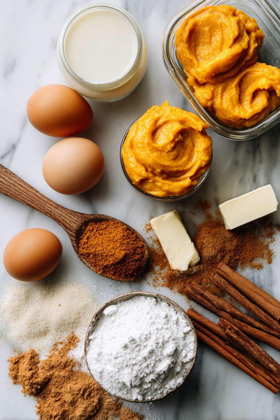 Flat lay of bright orange pumpkin puree dollops, smooth whole milk in a small glass jar, two fresh brown eggs, a stick of unsalted butter partially melted, a wooden spoon heap of golden brown granulated sugar, warm brown cinnamon sticks, a small pile of ground allspice powder, and a scattering of ground ginger powder artfully arranged with a few maple syrup drizzles nearby, placed on a white marble surface, photo taken with an iphone --ar 2:3 --v 7 - Pumpkin Pancakes with Warm Spices and Maple Syrup, pumpkin pancake recipe, fall breakfast ideas, cozy pumpkin breakfast, fluffy pumpkin pancakes