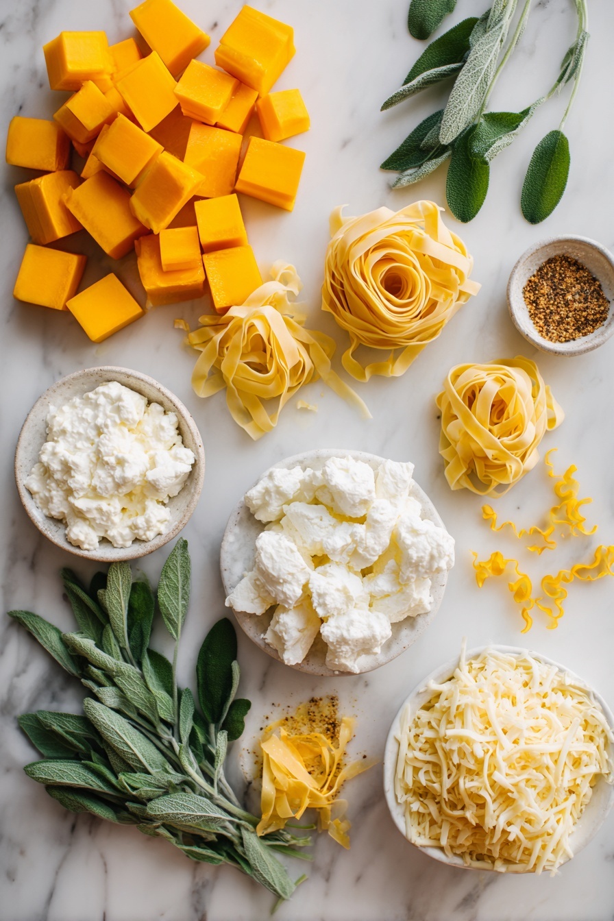 Flat lay of vibrant cubed butternut squash, fresh green sage leaves, bright lemon zest curls, creamy white ricotta cheese dollops, shredded golden mozzarella cheese, crumbly Pecorino cheese chunks, delicate sheets of uncooked lasagna noodles, and a sprinkle of warm ground nutmeg, all beautifully arranged with a natural, fresh look placed on a white marble surface, photo taken with an iphone --ar 2:3 --v 7 - Butternut Squash Lasagna with Sage, vegetarian butternut squash lasagna, autumn squash lasagna recipe, creamy sage lasagna, cozy fall dinner ideas