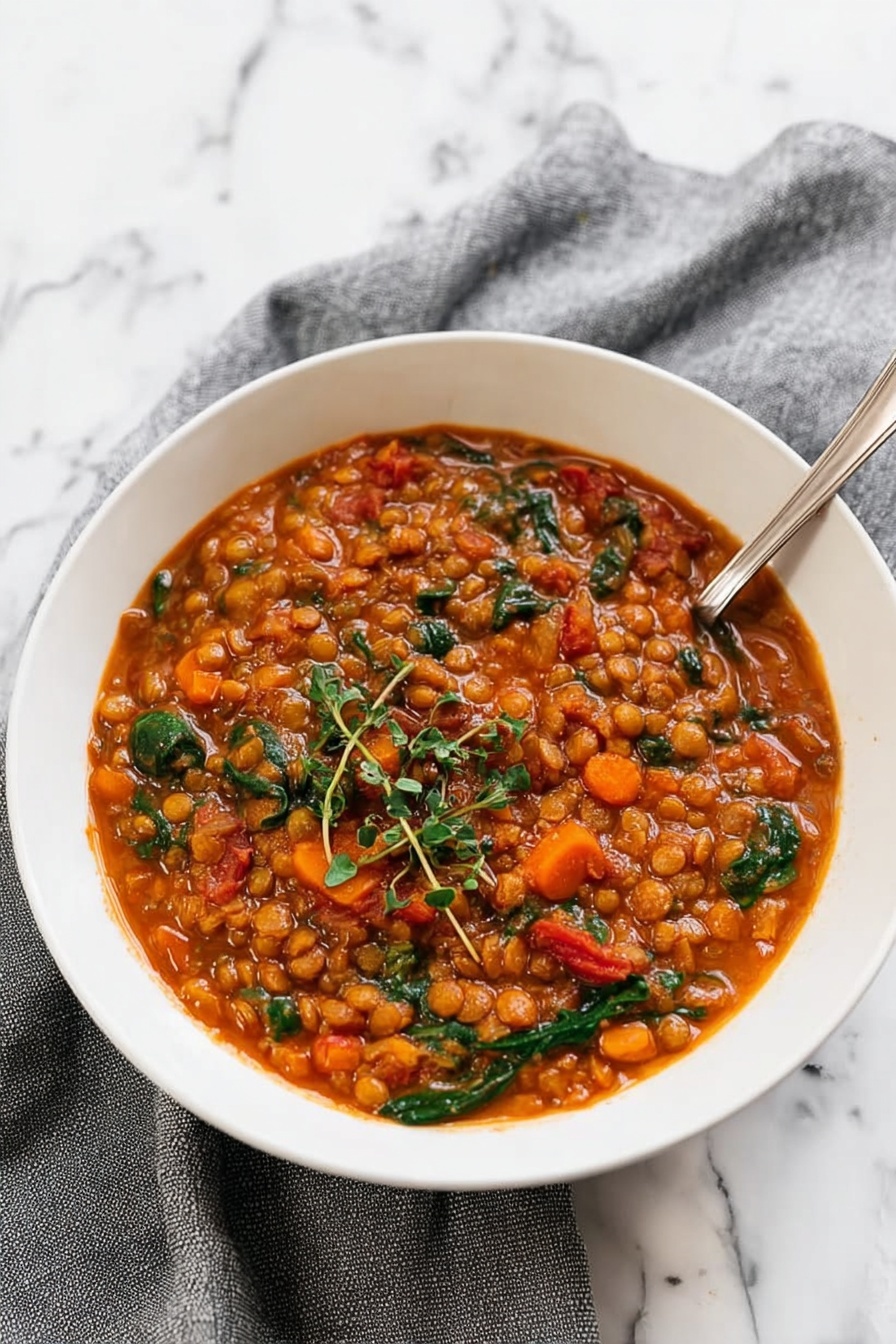 A white bowl filled with thick lentil stew that has a rich orange-red color with visible small lentils, diced carrots, spinach leaves, and tomato pieces mixed throughout. The stew is topped with small sprigs of green herbs, and a silver spoon is resting inside the bowl on the right side. The bowl is placed on a grey cloth over a white marbled surface. Photo taken with an iphone --ar 2:3 --v 7 - Best Lentil Soup, Lentil Soup recipe, hearty lentil soup, easy lentil soup, healthy lentil soup