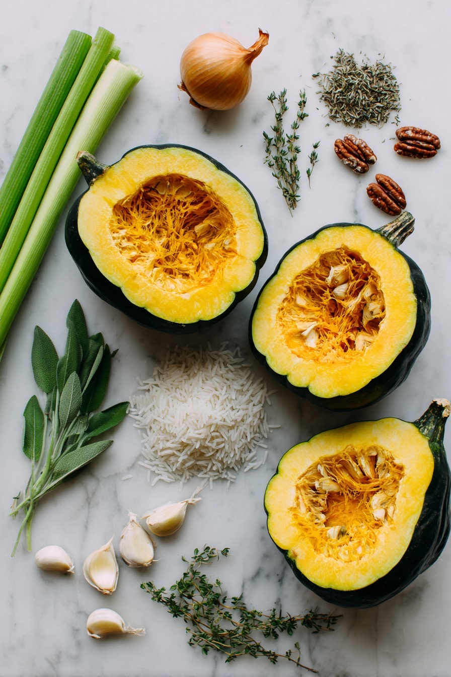 Flat lay of two small acorn squashes halved to show their bright orange flesh, a small yellow onion whole and diced, two fresh celery stalks with crisp green leaves, three cloves of garlic with papery skins, a handful of raw pecan pieces scattered around, a small mound of uncooked white basmati rice, dried sage and thyme sprigs lightly spread nearby, and creamy white crumbles of feta cheese, all beautifully arranged with natural light highlighting their colors and textures, placed on a white marble surface, photo taken with an iphone --ar 2:3 --v 7 - Stuffed Acorn Squash with Herbed Rice Pecans and Cheese, Acorn Squash Stuffed with Herbed Rice and Pecans, Easy Stuffed Acorn Squash Recipe, Cozy Baked Acorn Squash, Nutty Acorn Squash Dinner
