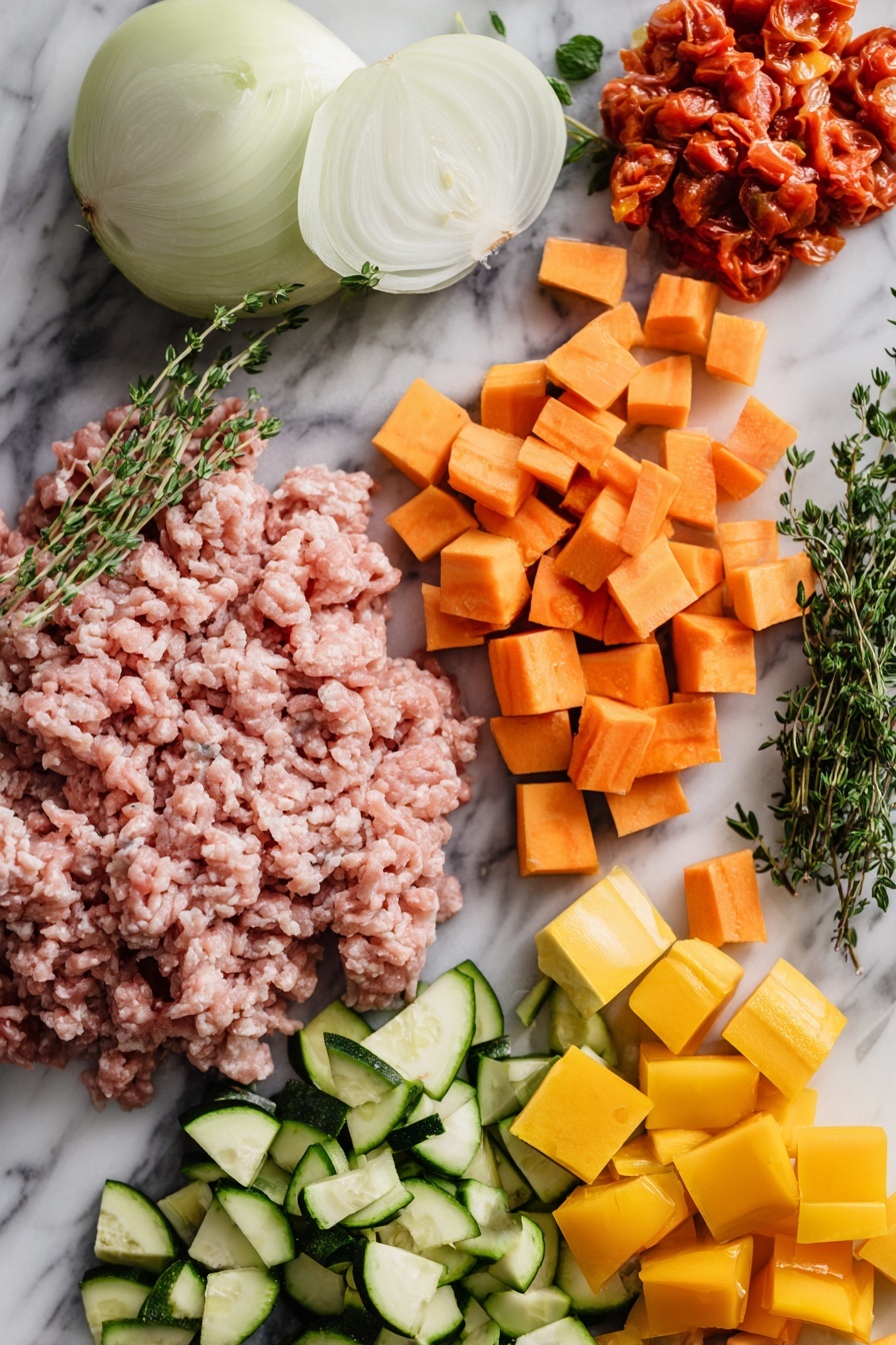 Flat lay of ground turkey in fresh pinkish ground form, large chopped onion with visible layers, bright orange carrot chunks, crisp green celery sticks chopped, peeled sweet potato cubes with vibrant orange color, fresh zucchini slices showing green skin and pale flesh, yellow squash pieces with soft yellow tones, fire-roasted diced tomatoes with rich red color, a small bunch of fresh thyme sprigs with delicate green leaves, all beautifully arranged on a white marble surface, photo taken with an iphone --ar 2:3 --v 7 - Turkey Vegetable Soup, healthy turkey soup, easy vegetable soup, hearty turkey soup, nutritious turkey vegetable bowl
