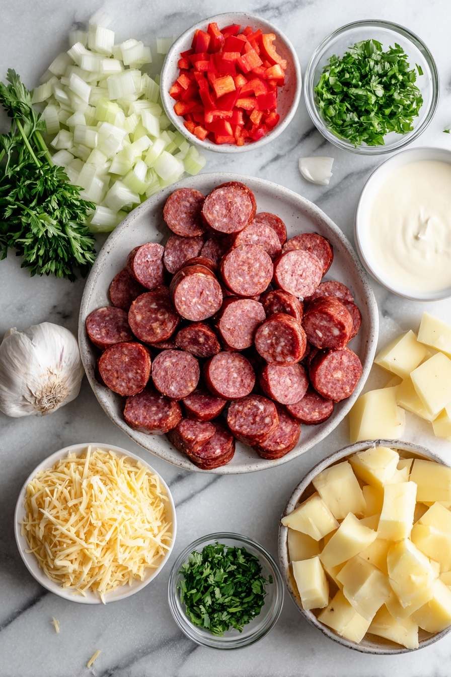 Flat lay of sliced andouille sausage rounds, diced white onion, chopped celery stalk, bright red diced bell pepper, minced garlic cloves, peeled and cubed russet potatoes, a small heap of shredded mild cheddar cheese, fresh green parsley sprigs, and a small bowl of creamy heavy whipping cream, all beautifully arranged on a white marble surface, photo taken with an iphone --ar 2:3 --v 7 - Cajun Potato Soup with Andouille Sausage and Cheddar, hearty Cajun potato soup, spicy sausage potato soup, comforting Cajun recipes, cheesy Cajun potato chowder