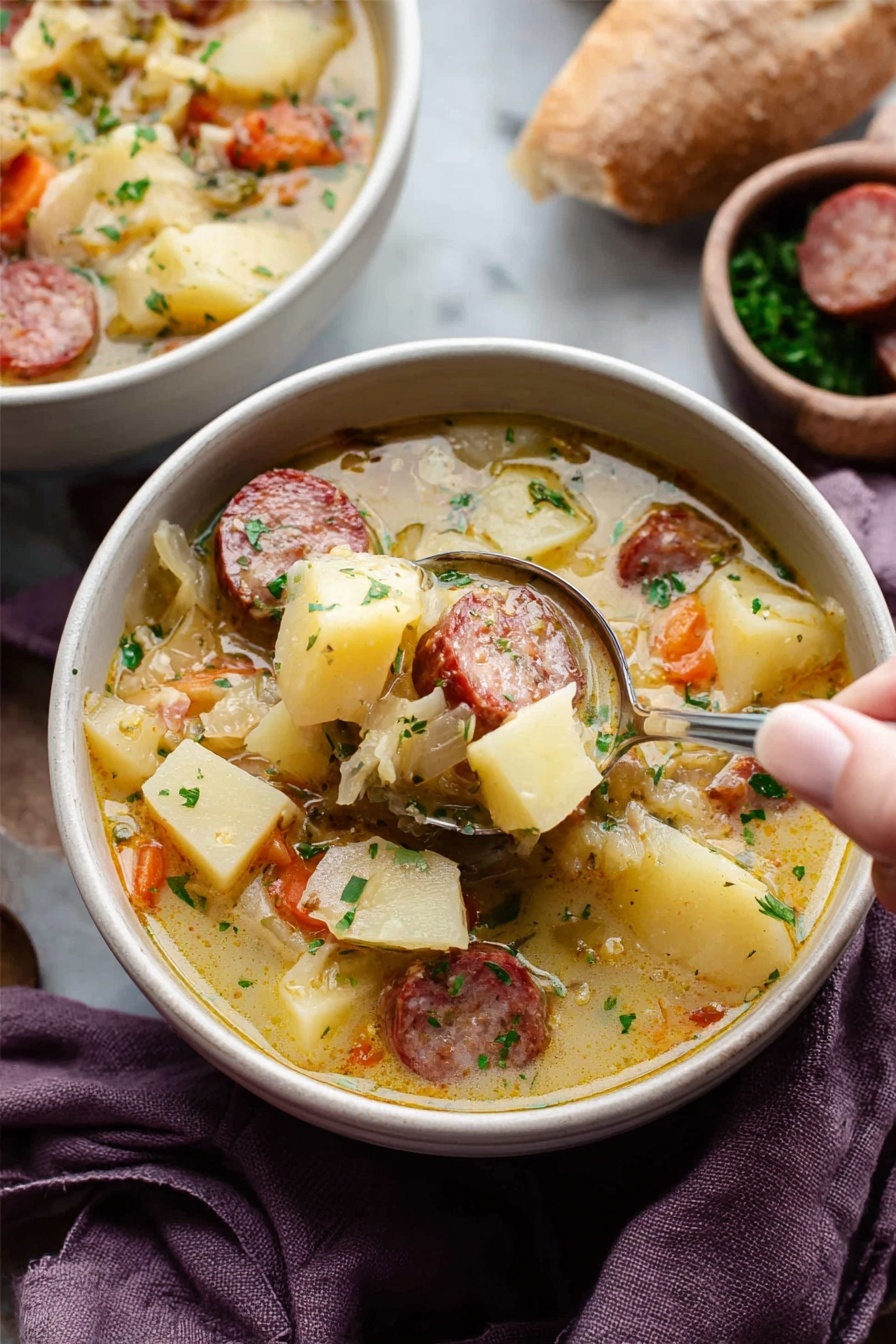 The image shows a white bowl filled with a thick soup that has multiple layers and textures. The bottom layer is a creamy, light yellow broth. Within the broth, there are large chunks of light yellow potatoes and slices of browned sausage with a reddish-brown color. Small bits of orange carrots and translucent onions are scattered throughout. The soup is sprinkled with finely chopped green herbs on top, adding a touch of green color. A silver ladle, held by a woman's hand, is scooping some of the soup, showing the chunky mix clearly. The bowls are on a white marbled surface with a soft purple cloth nearby. Photo taken with an iphone --ar 2:3 --v 7 - Cajun Potato Soup with Andouille Sausage and Cheddar, hearty Cajun potato soup, spicy sausage potato soup, comforting Cajun recipes, cheesy Cajun potato chowder