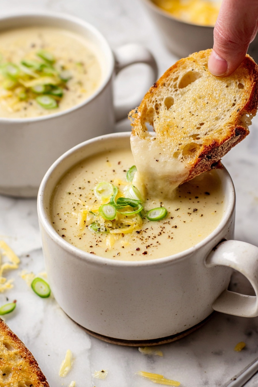 The image shows a creamy soup in a white cup with a handle, topped with thin slices of green onion and sprinkled with black pepper and some shredded yellow cheese. A woman's hand is dipping a piece of toasted, crusty bread with a golden-brown color and airy texture into the thick soup, causing the soup to stretch slightly between the bread and the cup. The cups sit on a surface with a white marbled texture, and there are a few scattered green onion slices and pepper specks around. Photo taken with an iphone --ar 2:3 --v 7 - Roasted Garlic Cheddar Cauliflower Soup, creamy cauliflower soup, roasted garlic soup, cheesy cauliflower recipe, healthy vegetable soup