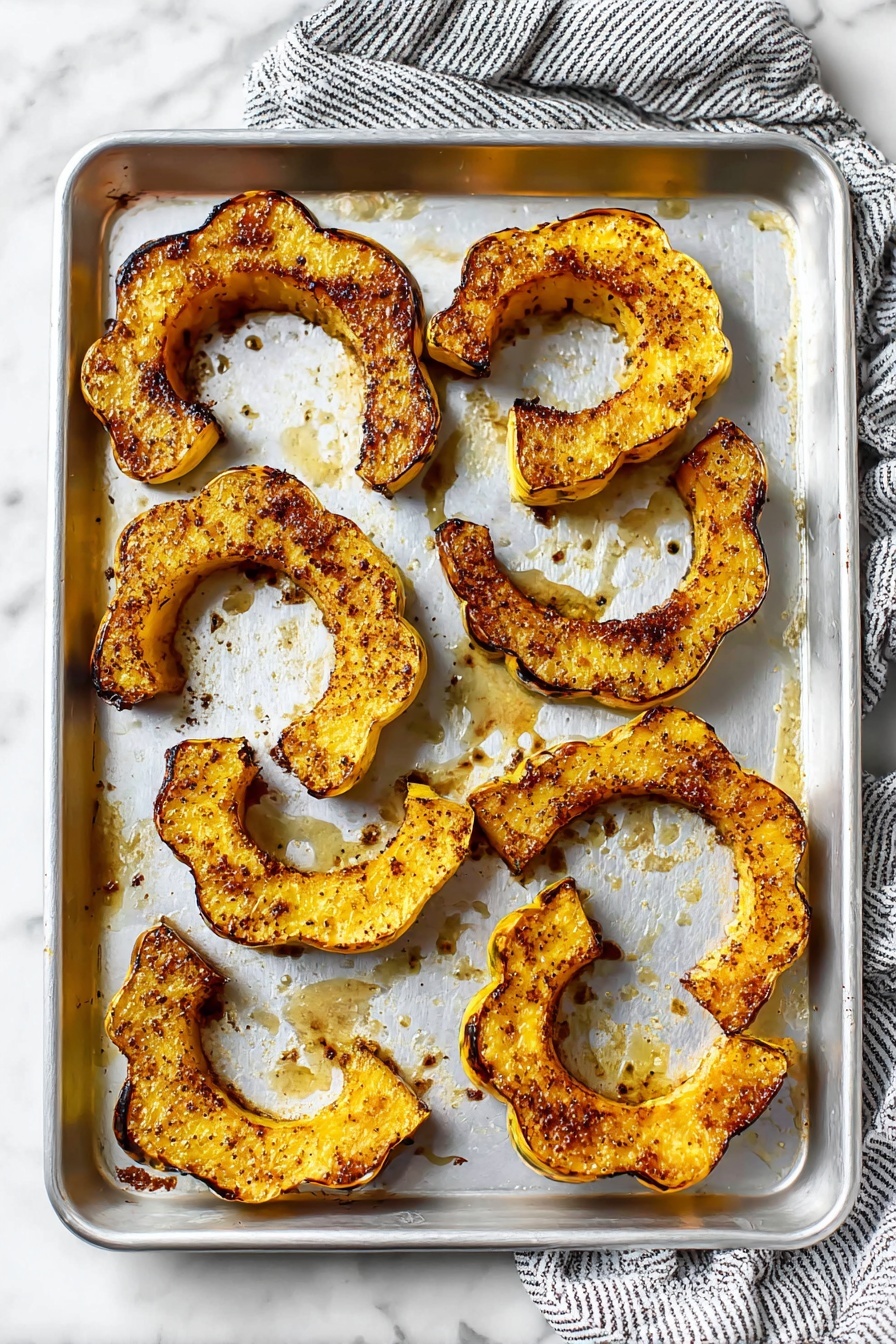 A white plate filled with roasted squash slices, each slice shaped like a crescent with dark green skin on the outer edge and golden, slightly crispy inside. The squash slices are sprinkled with black pepper and small bits of fried garlic or herbs, with finely chopped green parsley scattered over the top. The texture of the squash is tender but firm, with some edges crisped and slightly browned. A silver fork rests on the side of the plate against the white marbled surface. Photo taken with an iphone --ar 2:3 --v 7 - Parmesan Herb Roasted Acorn Squash, roasted acorn squash with herbs and cheese, healthy fall vegetable side dish, easy roasted squash recipe, flavorful acorn squash preparation
