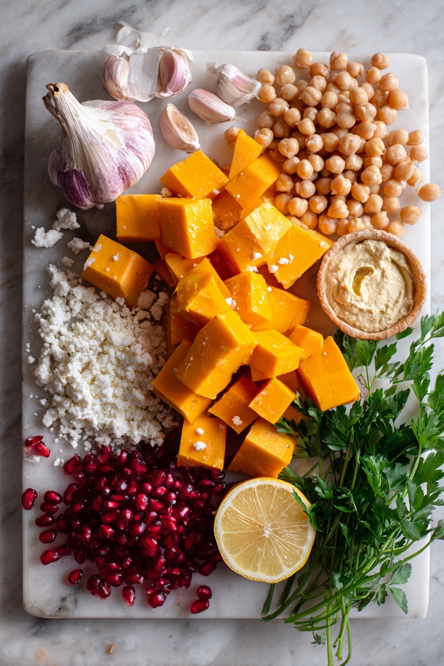 Flat lay of vibrant cubed butternut squash, whole garlic cloves, plump cooked chickpeas, creamy tahini in a small mound, bright lemon wedges, sparkling ruby red pomegranate arils, crumbled white feta cheese, fresh green parsley leaves, and delicate microgreens, all beautifully arranged and spaced on a white marble surface, photo taken with an iphone --ar 2:3 --v 7 - Butternut Squash Hummus, roasted squash dip, holiday party dip, pomegranate feta hummus, healthy veggie dip