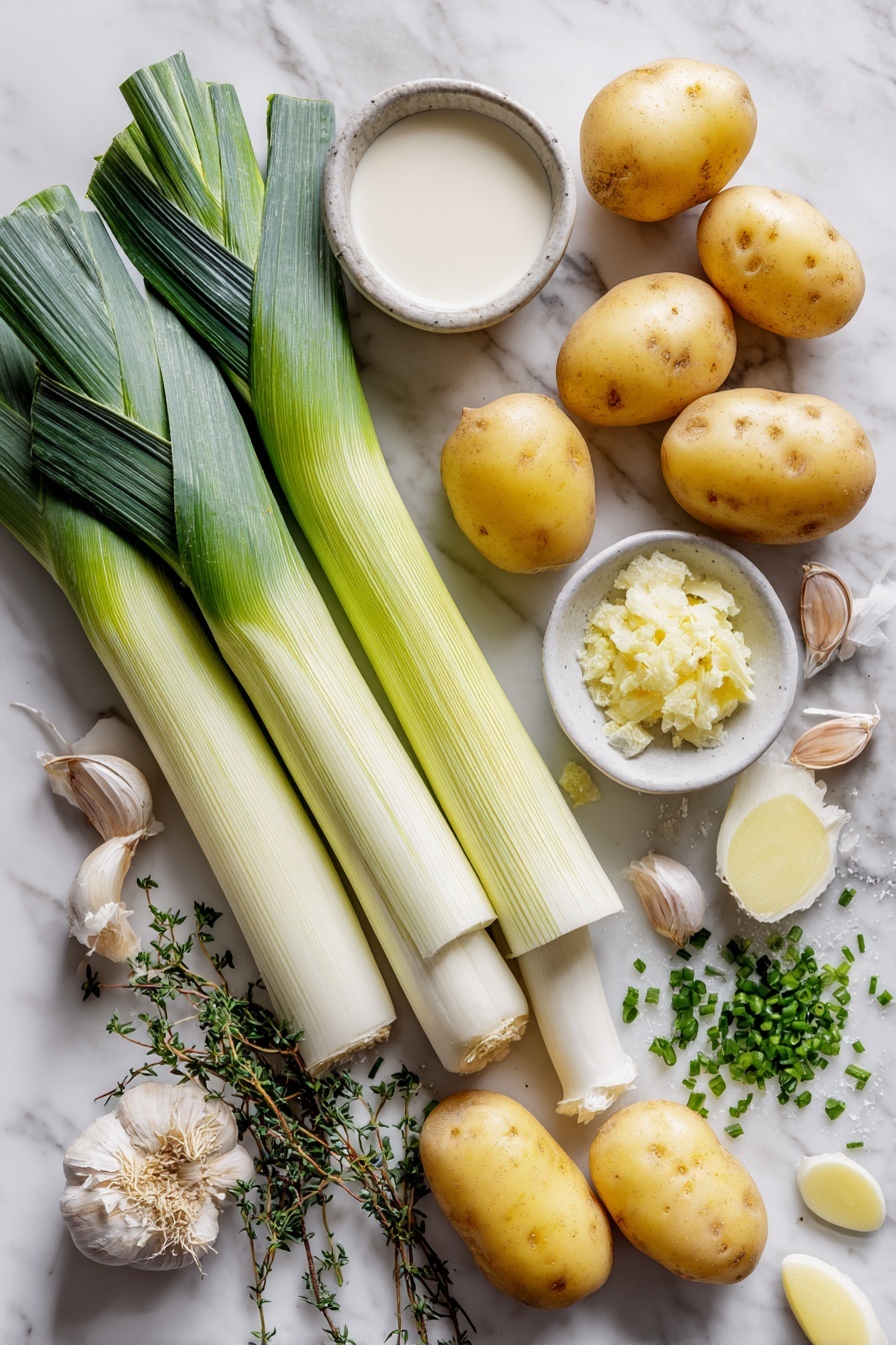 Flat lay of fresh white and light green leeks sliced lengthwise showing their layers, whole Yukon gold potatoes with smooth yellow skins, peeled garlic cloves beside a small pile of grated garlic, fresh thyme sprigs with green leaves, a small bowl filled with creamy milk, and bright green chopped chives scattered lightly, all arranged beautifully with soft natural light highlighting their fresh colors, placed on a white marble surface, photo taken with an iphone --ar 2:3 --v 7 - Creamy Potato Leek Soup with Chives, potato leek soup, comforting leek and potato soup, easy creamy soup recipes, homemade potato leek chowder
