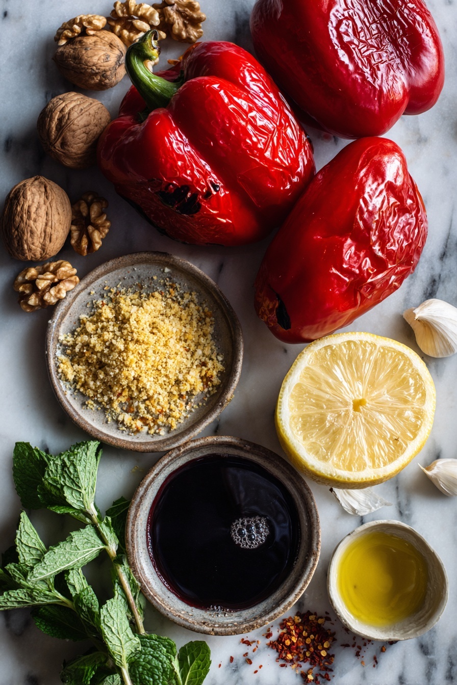 Flat lay of three roasted red bell peppers with their vibrant, slightly charred skin, a small heap of fresh golden bread crumbs, a cluster of whole walnuts showing their textured shells, a few glistening drops of extra-virgin olive oil pooling beside a rustic garlic clove, a small bowl of deep, dark pomegranate molasses, a wedge of fresh lemon shining with bright yellow flesh, scattered Aleppo pepper flakes adding a touch of red spice, and fresh mint leaves with their bright green color placed on a white marble surface, photo taken with an iphone --ar 2:3 --v 7 - Muhammara spicy red pepper and walnut dip, spicy red pepper dip, walnut dip recipe, Middle Eastern dip, smoky red pepper spread