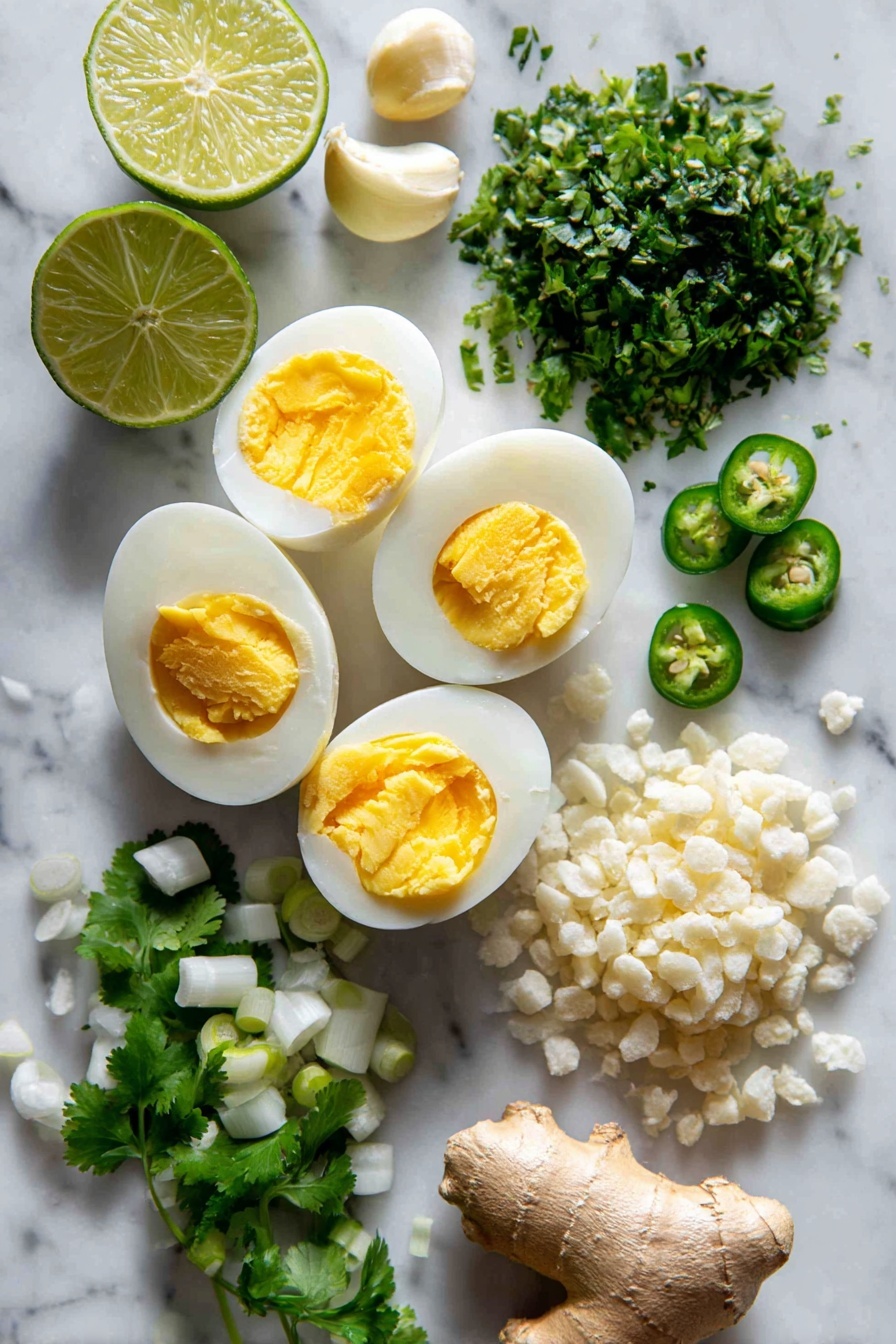 Flat lay of six peeled hard-cooked eggs halved with bright yellow yolks, fresh cilantro leaves finely chopped into small vibrant green pieces, thinly sliced scallions with crisp white and green rings, peeled garlic cloves whole and chopped, fresh lime halves with a bright green interior, small fresh serrano chiles sliced thinly showing their seeds, a piece of peeled fresh ginger root with its light tan skin, and a small pile of pale puffed rice grains, all beautifully arranged on a white marble surface, photo taken with an iphone --ar 2:3 --v 7 - Green Curry Deviled Eggs, Thai-inspired deviled eggs, spicy deviled eggs with green curry, flavorful deviled eggs, unique appetizer recipes