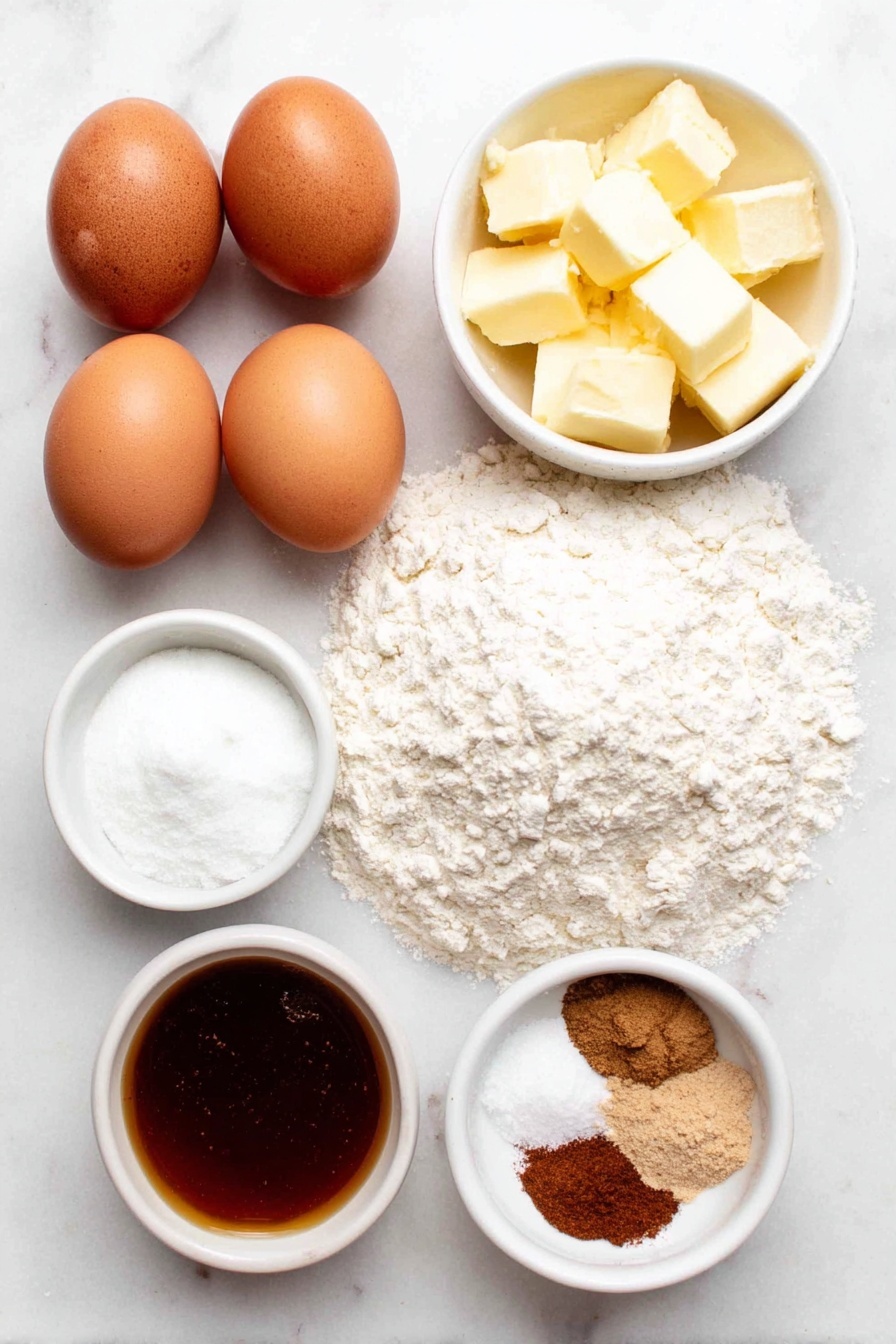 Flat lay of two cold large eggs with clean shells, a small pile of light brown packed brown sugar, a few chunks of unsalted butter, a small white ceramic bowl of unsweetened applesauce, a small white ceramic bowl of cold buttermilk, a small white ceramic bowl of granulated sugar mixed with ground cinnamon, a mound of all-purpose flour dusted lightly with some flour around it, a small white ceramic bowl filled with golden apple cider syrup, a small pile of ground cinnamon, a small pile of freshly grated ground nutmeg, a small pile of kosher salt, a small pile of baking powder, a small pile of baking soda, all arranged symmetrically and neatly spaced, placed on a clean white marble surface, soft natural light, photo taken with an iPhone, professional food photography style, fresh ingredients, white ceramic bowls, no bottles, no duplicates, no utensils, no packaging --ar 2:3 --v 7 --p awthu7i m7354615311229779997 - Apple Cider Donuts, homemade apple cider donuts, fall apple donuts, cinnamon sugar donuts, easy apple cider donut recipe