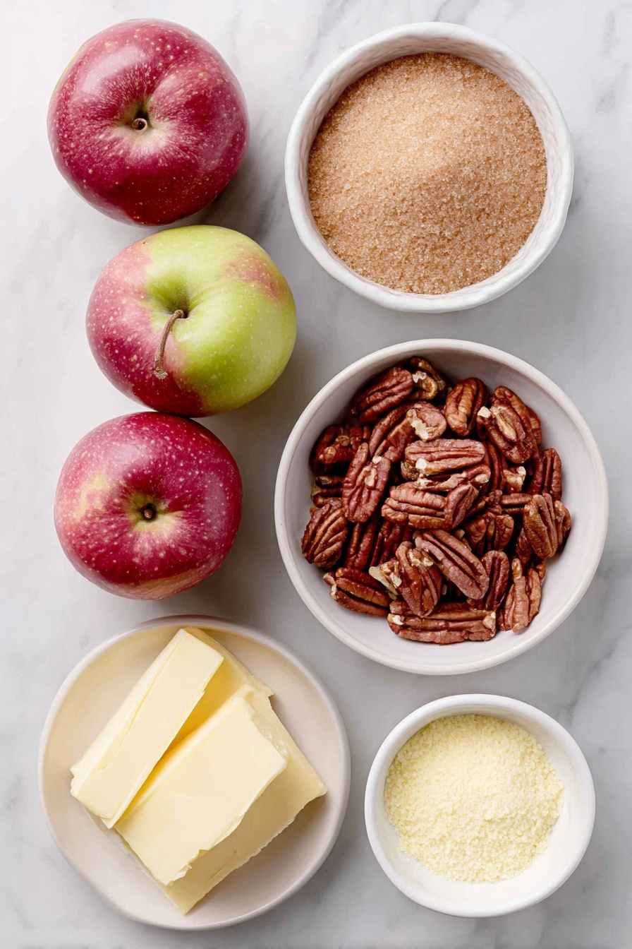 Flat lay of fresh whole red and green apples, a small white ceramic bowl filled with golden light brown sugar crystals, a small white ceramic bowl containing ground cinnamon powder, thinly sliced salted butter arranged neatly on a simple white ceramic plate, a small white ceramic bowl with chopped pecans, and a small white ceramic bowl holding yellow cake mix powder, all arranged in perfect symmetry and realistic proportions, placed on a clean white marble surface, soft natural light, photo taken with an iPhone, professional food photography style, fresh ingredients, white ceramic bowls, no bottles, no duplicates, no utensils, no packaging --ar 2:3 --v 7 --p awthu7i m7354615311229779997 - Apple Dump Cake, easy apple dessert, quick apple cake, cinnamon apple crumble, simple fruit cobbler