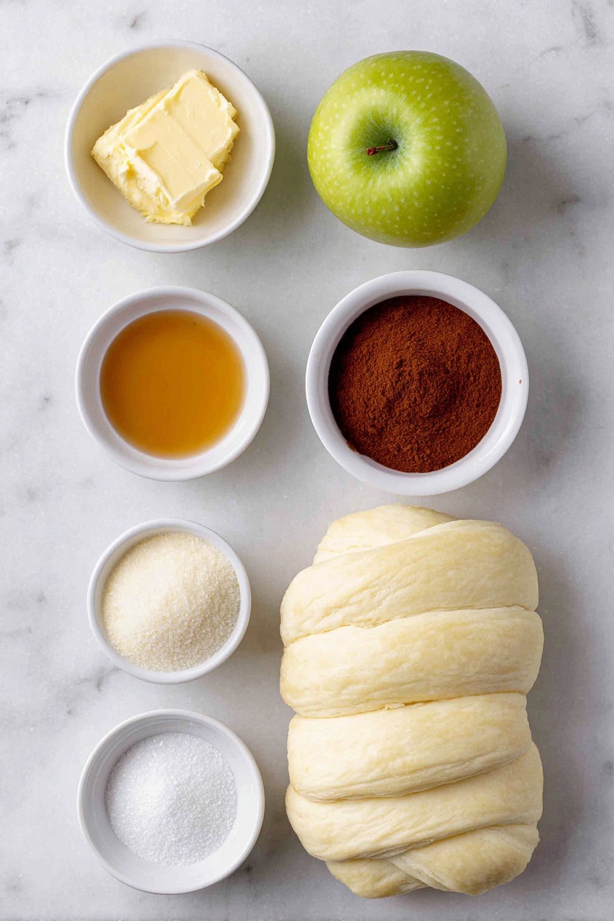 Flat lay of two bright green Granny Smith apples, a small white bowl of melted butter, a small white bowl of granulated sugar, a small white bowl with amber vanilla extract, a small white bowl filled with ground cinnamon, and two unwrapped crescent rolls showing their creamy dough texture neatly arranged in perfect symmetry, placed on a clean white marble surface, soft natural light, photo taken with an iPhone, professional food photography style, fresh ingredients, white ceramic bowls, no bottles, no duplicates, no utensils, no packaging --ar 2:3 --v 7 --p awthu7i m7354615311229779997 - Apple Dumplings with Mountain Dew Sauce, apple dumplings dessert, Mountain Dew dessert recipes, easy fruit dessert, unique apple recipes