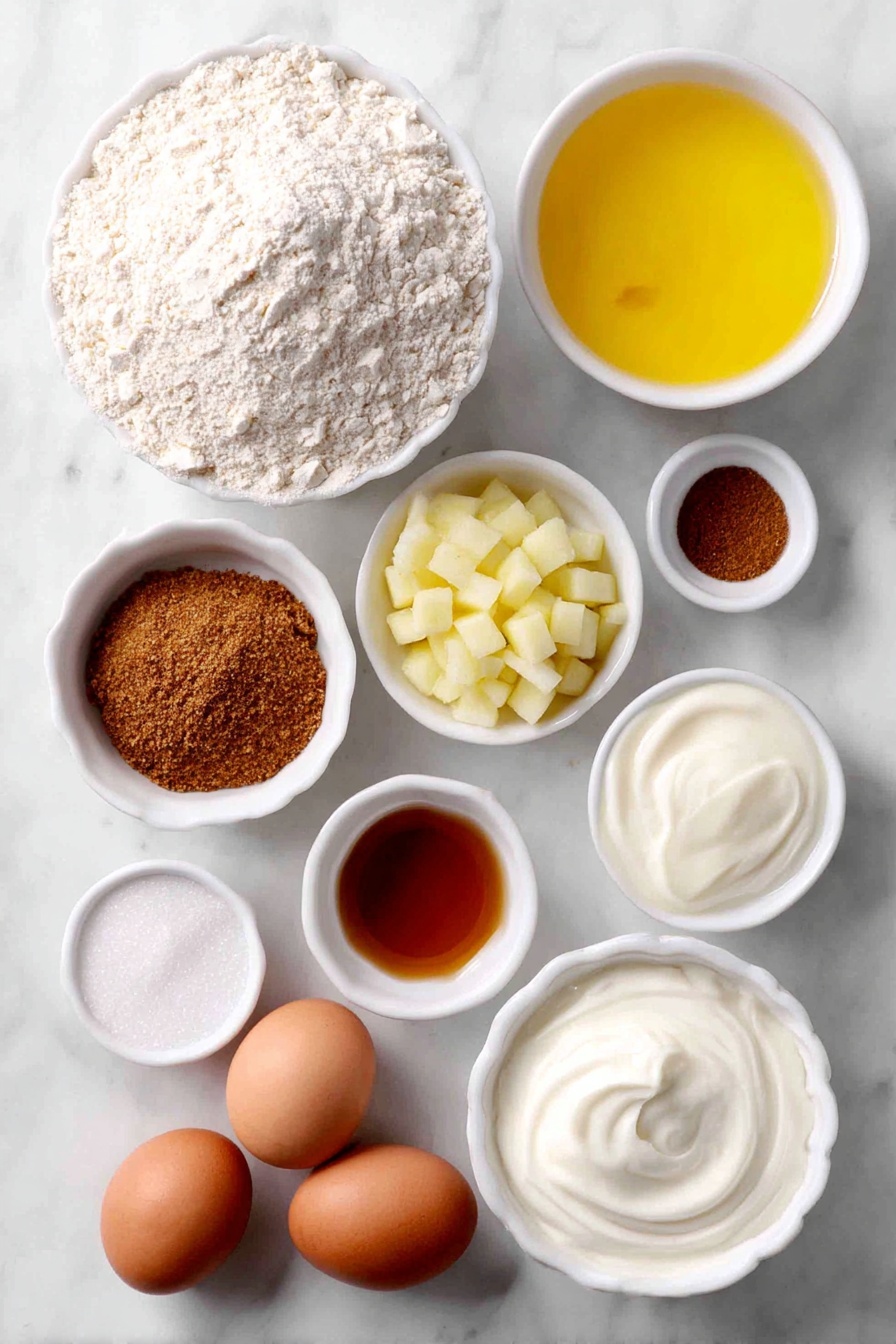 Flat lay of a small pile of white whole wheat flour, a small heap of ground cinnamon, a few whole uncracked brown eggs, a small mound of diced fresh apple cubes, a small mound of freshly grated apple, a small white ceramic bowl filled with golden melted coconut oil, a small white ceramic bowl with amber maple syrup, a small white ceramic bowl of creamy plain Greek yogurt, a small white ceramic bowl holding smooth applesauce, a small white ceramic bowl with clear vanilla extract, a small white ceramic bowl containing raw turbinado sugar, all arranged with perfect symmetry and balanced proportions, placed on a clean white marble surface, soft natural light, photo taken with an iPhone, professional food photography style, fresh ingredients, white ceramic bowls, no bottles, no duplicates, no utensils, no packaging --ar 2:3 --v 7 --p awthu7i m7354615311229779997 - Healthy Apple Muffins, healthy apple muffins, nutritious apple muffin recipe, quick healthy muffins, apple cinnamon muffins