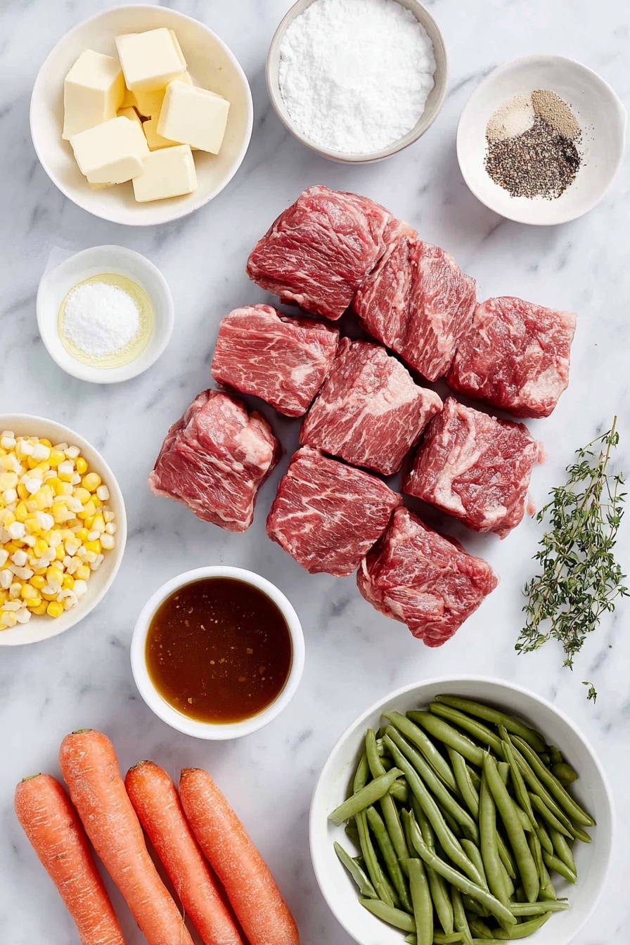 Flat lay of fresh 2-inch chunks of raw chuck roast, a small mound of coarse ground black pepper, a small heap of Kosher salt, a small white ceramic bowl of all-purpose flour, a small white ceramic bowl with unsalted butter cubes, a small white ceramic bowl with canola oil, half a yellow onion chopped into pieces, four cloves of whole garlic with skins on, two large carrots cut into chunks, two Yukon gold potatoes chopped, a small pile of fresh corn kernels, a small white ceramic bowl filled with rich beef broth, a small white ceramic bowl with thick tomato paste, a single fresh bay leaf, a few sprigs of fresh thyme, a small white ceramic bowl with Worcestershire sauce, a handful of fresh green beans, and a handful of fresh green peas, all arranged in perfect symmetry on a clean white marble surface, soft natural light, photo taken with an iPhone, professional food photography style, fresh ingredients, white ceramic bowls, no bottles, no duplicates, no utensils, no packaging --ar 2:3 --v 7 --p awthu7i m7354615311229779997 - Vegetable Beef Stew, hearty beef stew, easy beef stew recipe, flavorful beef and vegetable stew, comforting beef stew