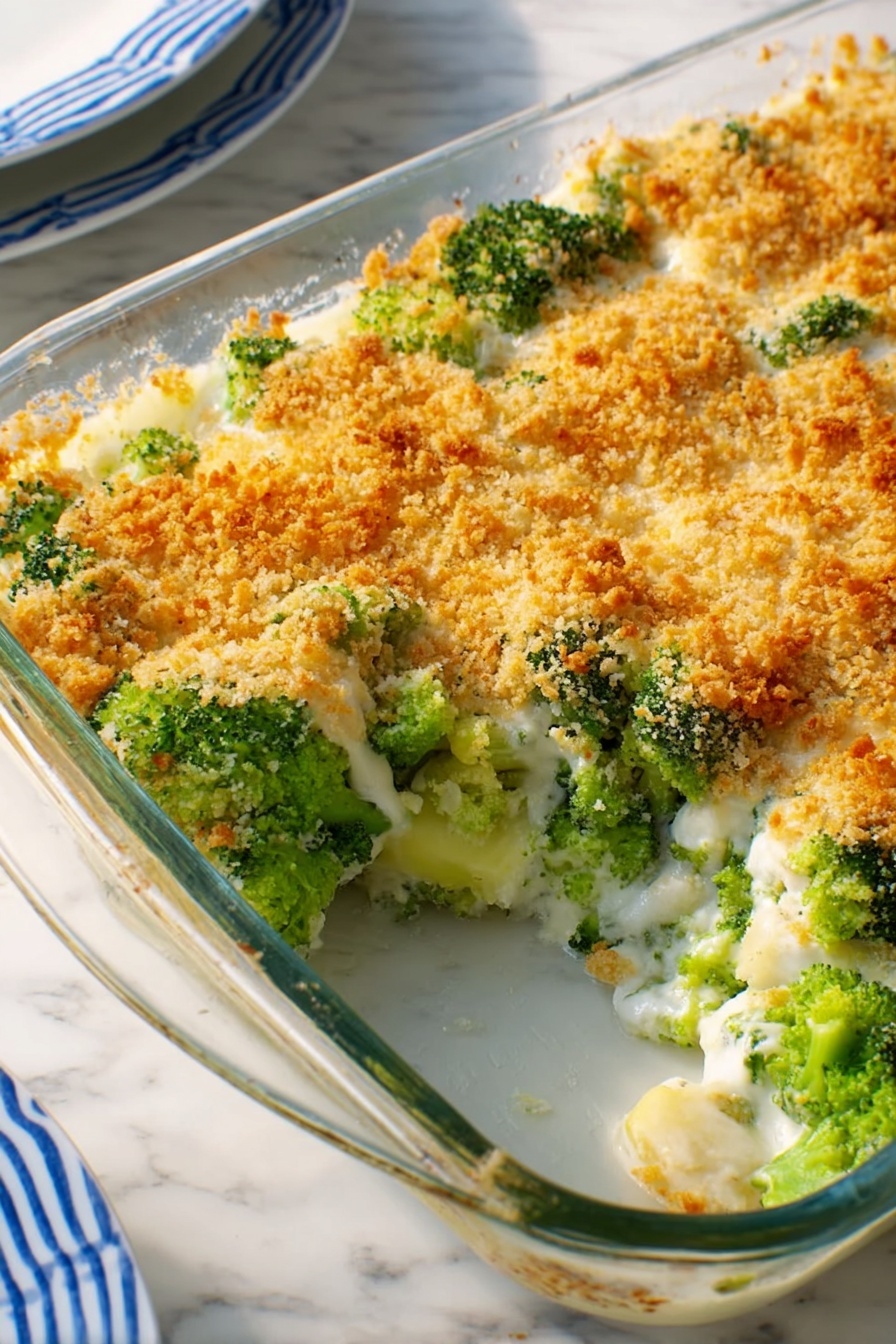 The image shows a clear glass baking dish filled with a broccoli casserole topped with a golden, crispy breadcrumb layer. Inside the casserole, bright green broccoli florets are covered with melted white cheese beneath the crunchy topping. A spoon is scooping some broccoli and breadcrumbs from the dish. Next to the baking dish, there is a white plate with blue stripes holding some servings of the casserole. The setting is on a white marbled textured surface with a folded white cloth napkin under the plate and dish. Photo taken with an iphone --ar 2:3 --v 7 - Broccoli Cheese Casserole, broccoli cheese bake, cheesy veggie casserole, healthy broccoli casserole, cheesy comfort food