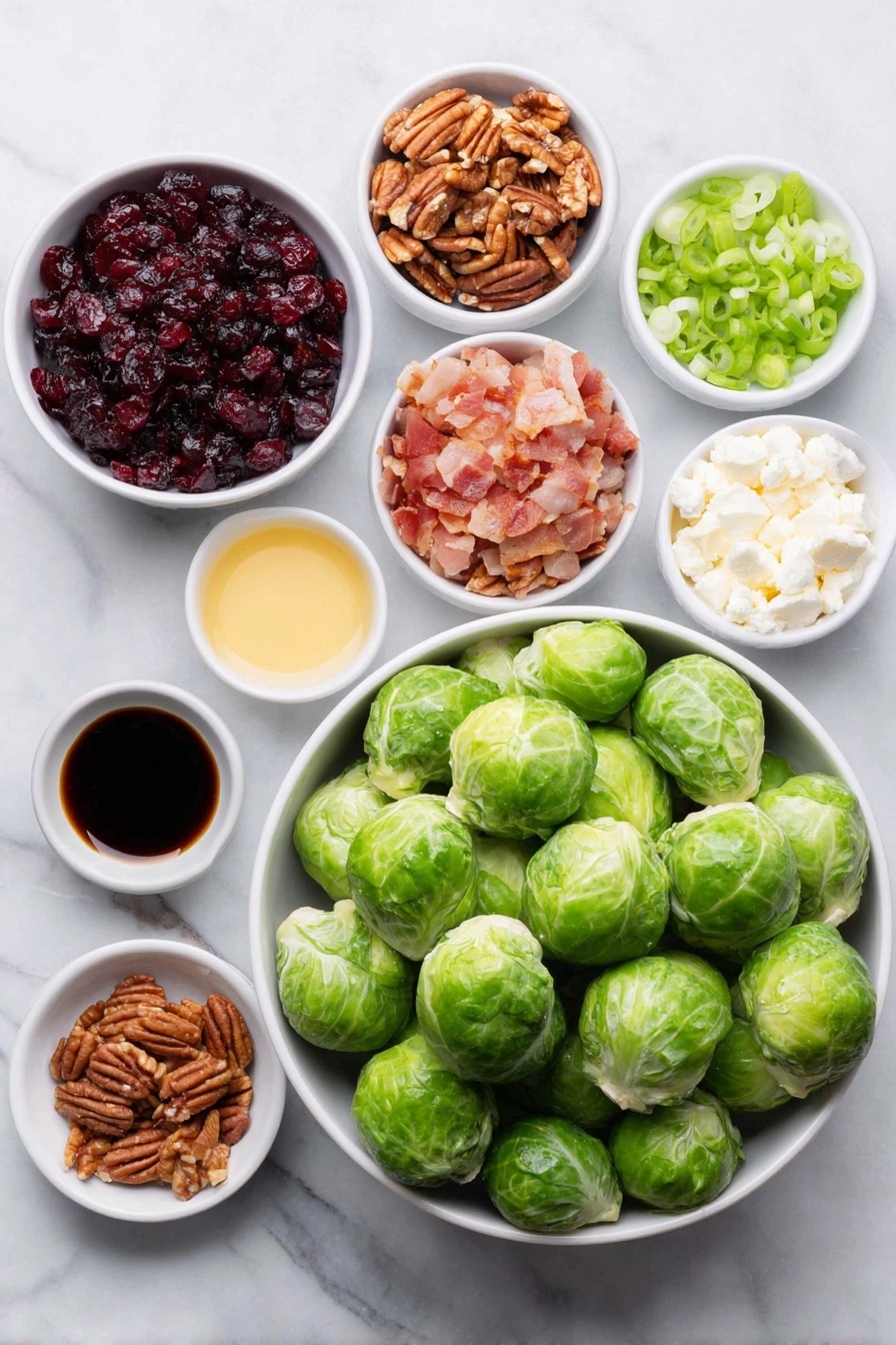 Flat lay of fresh whole Brussels sprouts with bright green leaves, a small white bowl of deep red dried cranberries, chopped glossy red apple pieces, a handful of roughly chopped pecans, golden crispy chopped bacon bits, thinly sliced green onions with vibrant white and green parts, crumbled white feta cheese in a small white bowl, small white bowls containing dark balsamic vinegar, golden olive oil, amber maple syrup, and a creamy pale yellow dijon mustard, all arranged symmetrically and naturally, placed on a clean white marble surface, soft natural light, photo taken with an iPhone, professional food photography style, fresh ingredients, white ceramic bowls, no bottles, no duplicates, no utensils, no packaging --ar 2:3 --v 7 --p awthu7i m7354615311229779997 - Brussels Sprout Salad with Cranberries, Apples, Pecans, and Maple Balsamic Vinaigrette, healthy Brussels sprout salad, easy fall salad recipes, festive vegetable salads, tangy sweet salad ideas