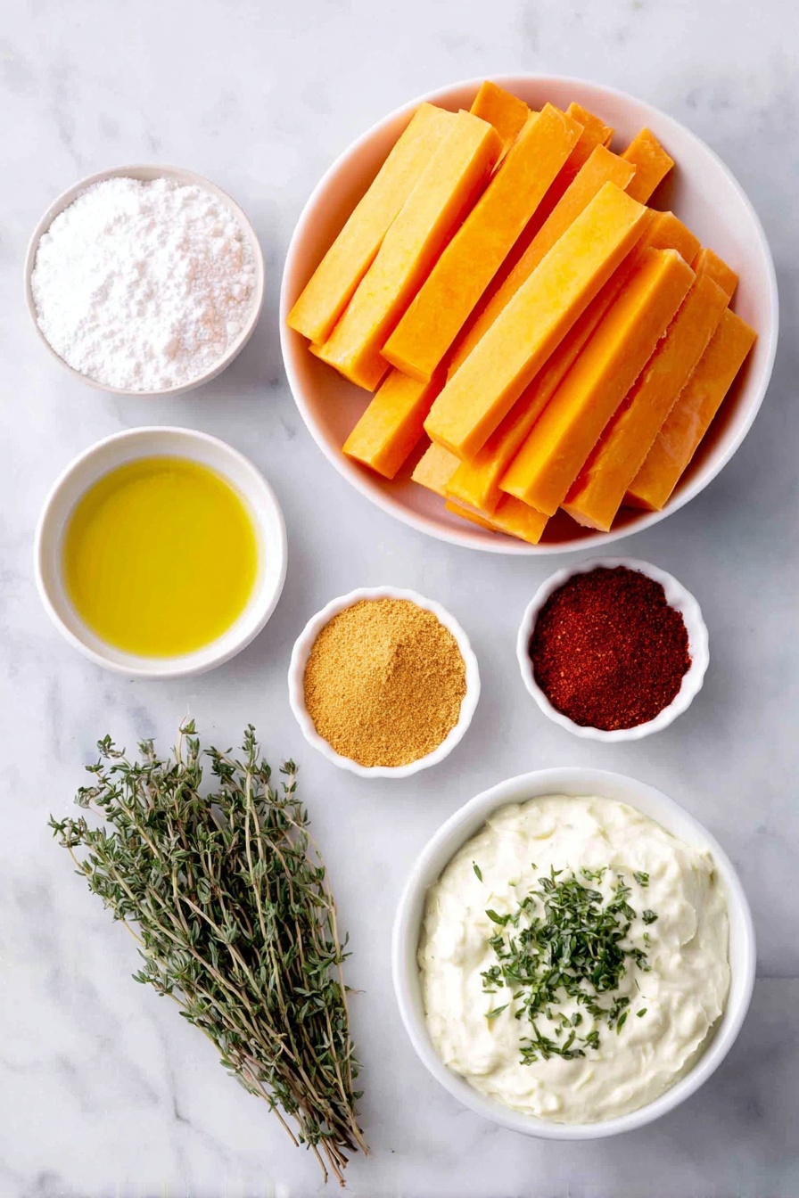 Flat lay of a handful of fresh peeled butternut squash sticks cut into long uniform pieces, a small white ceramic bowl filled with fine white cornstarch, another small white bowl containing golden olive oil, a heap of golden yellow garlic powder, a small pile of deep reddish paprika powder, a delicate bundle of dried green thyme sprigs, a small white bowl of smooth creamy mayo topped with chopped fresh green herbs, and a few scattered grains of coarse salt and black peppercorns, all arranged with perfect symmetry on a clean white marble surface, soft natural light, photo taken with an iPhone, professional food photography style, fresh ingredients, white ceramic bowls, no bottles, no duplicates, no utensils, no packaging --ar 2:3 --v 7 --p awthu7i m7354615311229779997 - Baked Butternut Squash Fries, healthy squash fry recipe, crispy baked veggie fries, easy roasted butternut squash snack, vegan baked vegetable fries