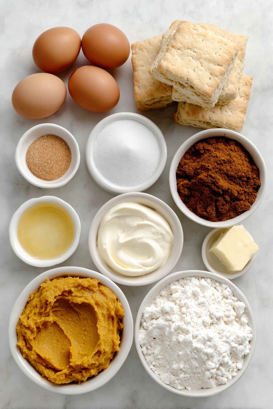 Flat lay of three whole uncracked brown eggs, a small bowl of granulated white sugar, a small bowl of packed light brown sugar, a small bowl of vibrant orange pumpkin puree, a small bowl of heavy cream, a small bowl of melted golden salted butter, a small bowl of golden pumpkin pie spice powder, a small bowl of clear vanilla extract, several whole buttermilk biscuits stacked next to each other, placed on a clean white marble surface, soft natural light, photo taken with an iPhone, professional food photography style, fresh ingredients, white ceramic bowls, no bottles, no duplicates, no utensils, no packaging --ar 2:3 --v 7 --p awthu7i m7354615311229779997 - Pumpkin Spice Monkey Bread, fall pumpkin dessert, easy monkey bread recipe, pumpkin spice baked good, cozy fall treats