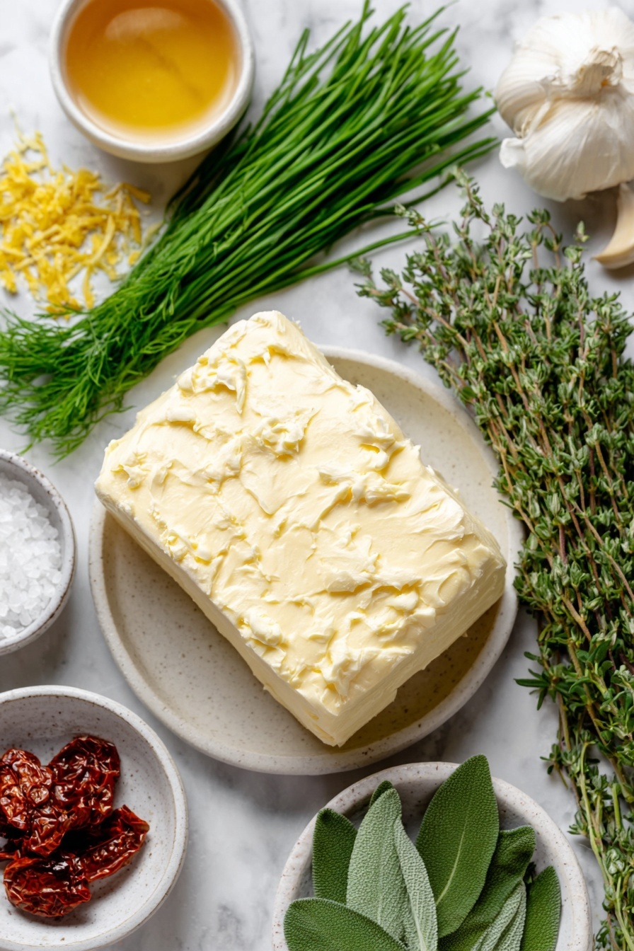 Flat lay of a soft pale yellow lump of unsalted butter, a small bunch of bright green chives, a sprig of feathery green dill, a clove of garlic with smooth white skin, a small heap of coarse sea salt crystals, a few fresh thyme sprigs with tiny green leaves, a thin strip of bright yellow lemon zest, a pinch of vibrant red pepper flakes, a small cluster of woody rosemary sprigs, fresh sage leaves with a velvety texture, a small dollop of golden honey in a white ceramic bowl, fresh green basil leaves, a small pile of deep red sun-dried tomatoes, all arranged symmetrically on a simple white ceramic plate and bowls, placed on a clean white marble surface, soft natural light, photo taken with an iPhone, professional food photography style, fresh ingredients, white ceramic bowls, no bottles, no duplicates, no utensils, no packaging --ar 2:3 --v 7 --p awthu7i m7354615311229779997 - Herb Compound Butter, herb butter, flavored butter, homemade herb butter, versatile herb butter